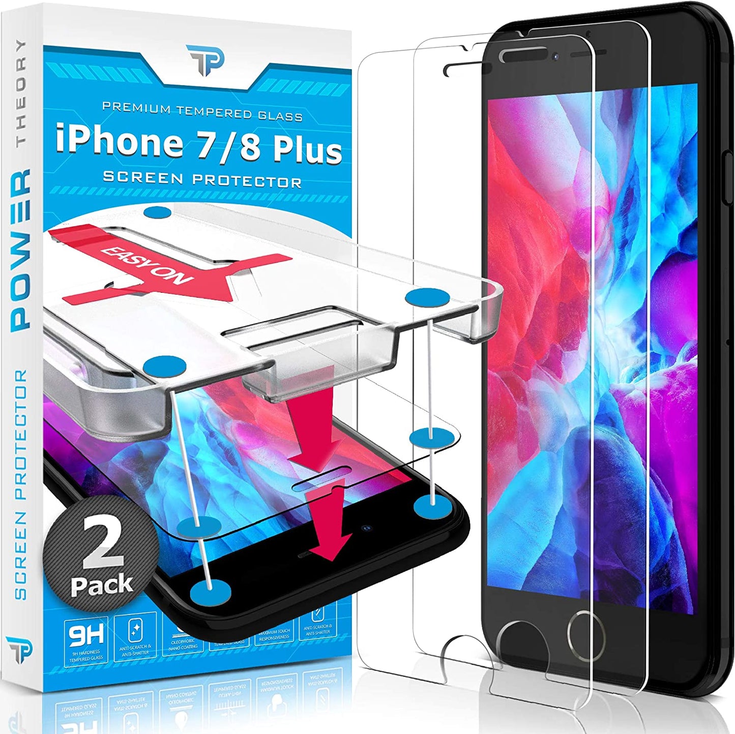 Power Theory Designed for Iphone 8 Screen Protector/Iphone 7 Screen Protector Tempered Glass [9H Hardness], Easy Install Kit, 99% HD Bubble Free Clear, Case Friendly, Anti-Scratch, 2 Pack  Power Theory iPhone 7 Plus & 8 Plus [2-Pack]  