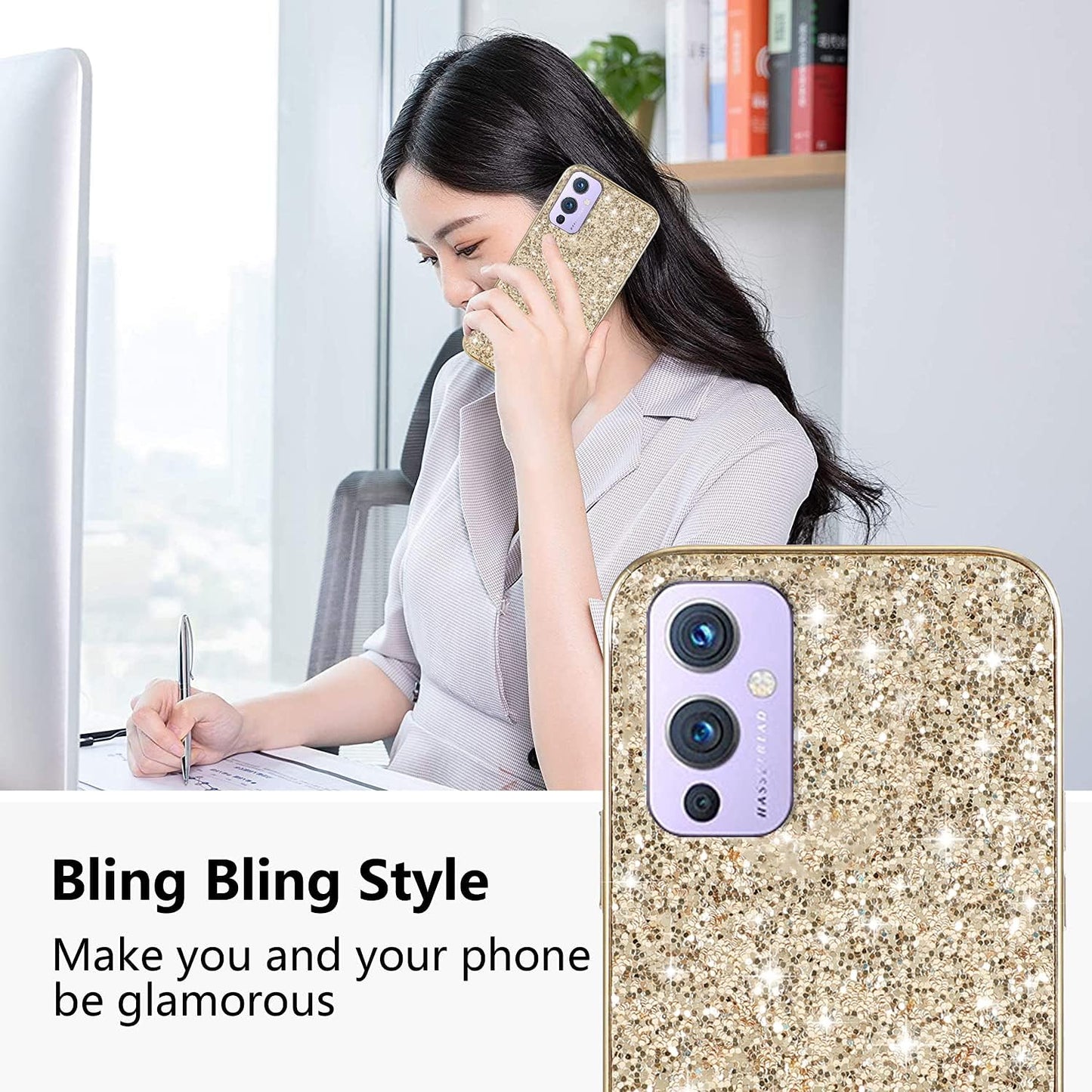 Compatible with Oneplus 9 Case Glitter Shockproof,Oneplus 9 Phone Case Bling Sparkly Soft TPU and PC Silicone Shiny Girl Women Thin Protective Cover (Gold)  Wousunly   