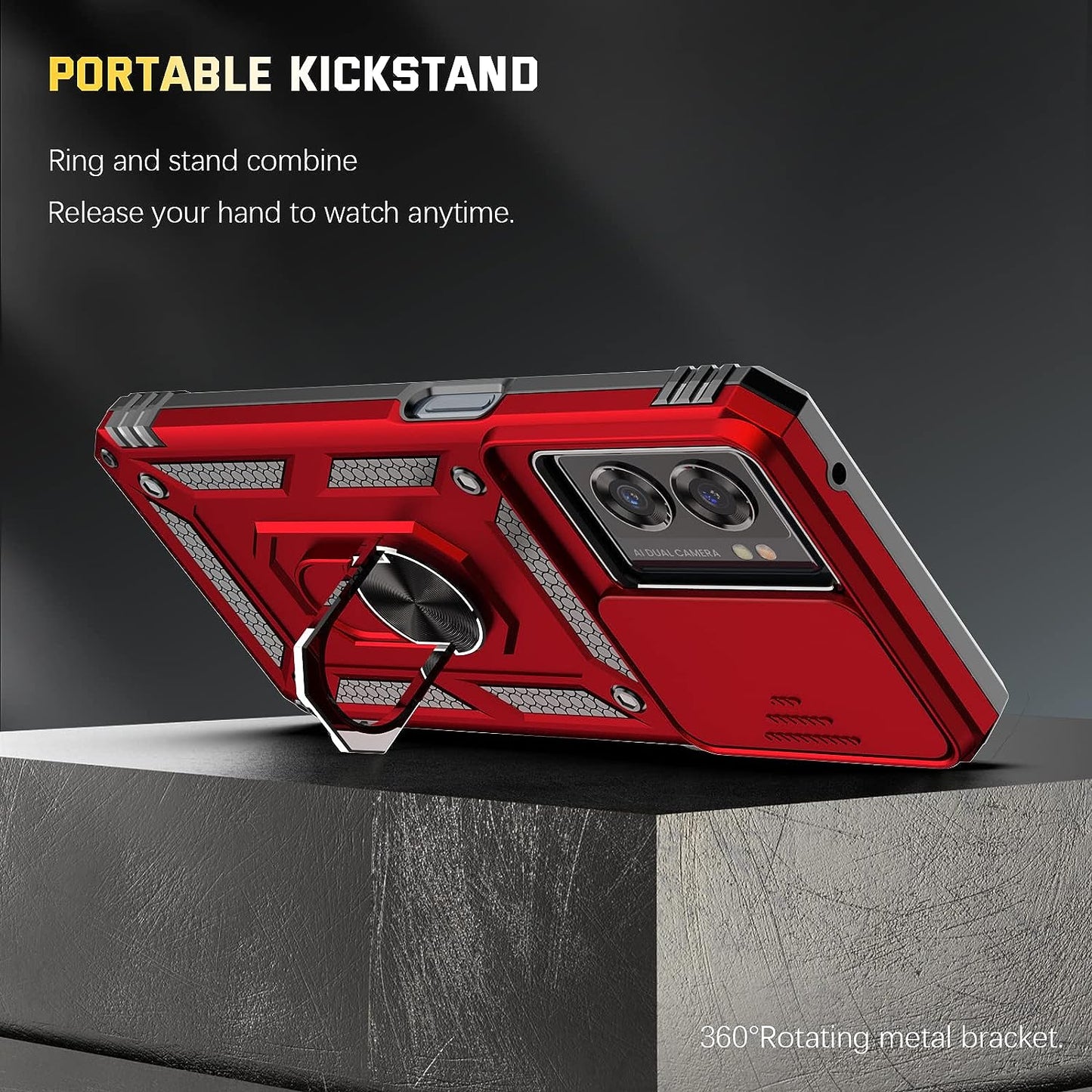 Oneplus Nord N300 5G Heavy Duty Armor Case + Tempered Glass, Shockproof Rugged Military Grade with Kickstand & Lens Protector - Red  Dretal   