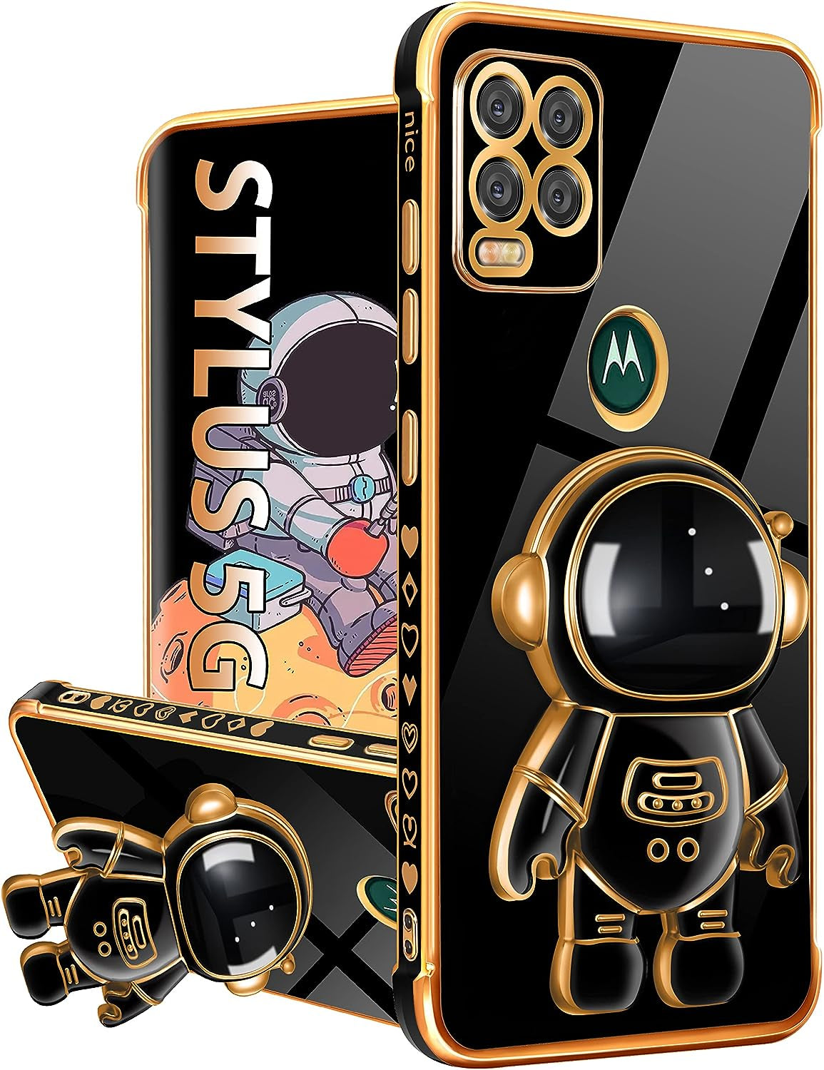 Buleens for Motorola Moto G Stylus 5G Case, Cute Heart Pattern 6D Gold Plating Astronaut Hidden Stand Phone Cases for Moto G Stylus 5G 2021 6.8 Inch-Black  Buleens   