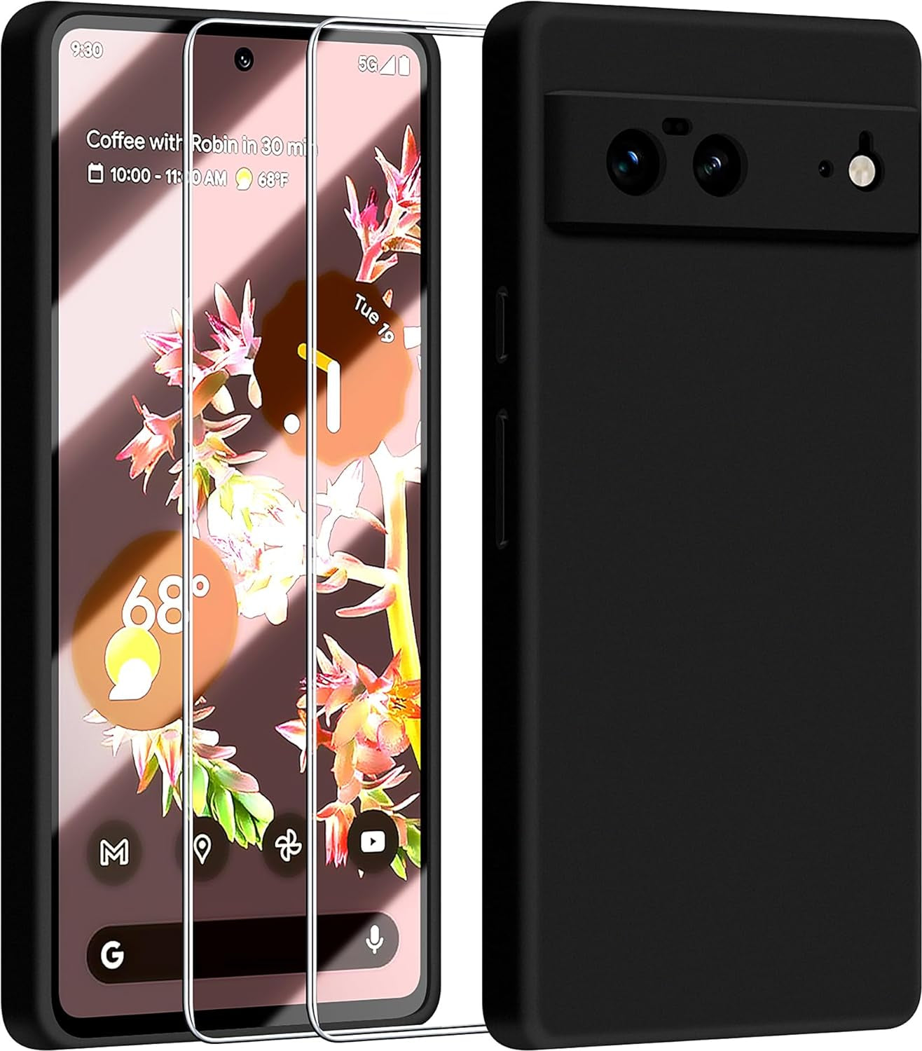 Dssairo 3 in 1 for Google Pixel 6 Case, with 2 Pack Screen Protector, with Full Camera Cover Protection，Liquid Silicone Slim Shockproof Protective Phone Case [Microfiber Lining] (Pink)…  Dssairo Black  