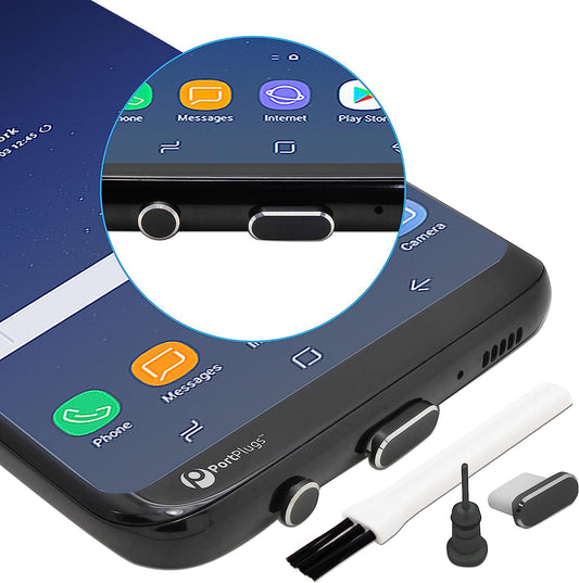 Portplugs USB C Set - Dust Plug Compatible with S20, Ultra, Plus, S10/S9/S8, Note, Any Type C Ports, Aluminum Finish, Includes Holders, SIM Card Removal & Brush (Black)  PortPlugs   