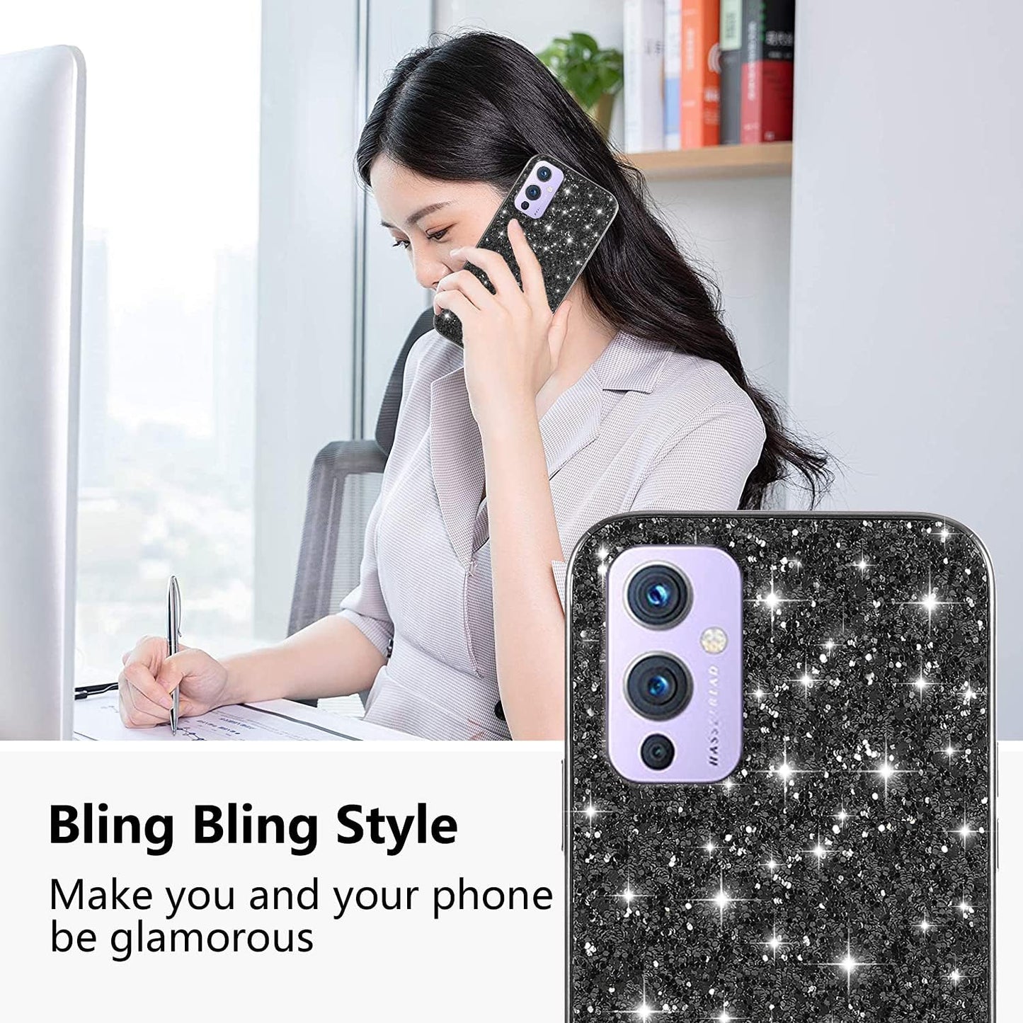Compatible with Oneplus 9 Case Glitter Shockproof,Oneplus 9 Phone Case Bling Sparkly Soft TPU and PC Silicone Shiny Girl Women Thin Protective Cover (Black)  Wousunly   