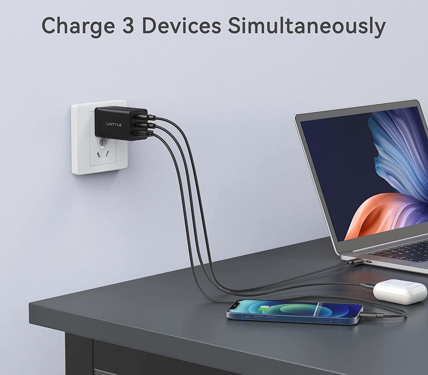 LINTYLE 3-Port USB C Gan Charger 65W PD 3.0 Fast Charger Block USB-C Power Delivery Type C Wall Charger Foldable Adapter for Iphone 14 Pro Max and Macbook Pro/Air, Galaxy S22/S21, Laptop (65W, Black)  LINTYLE   