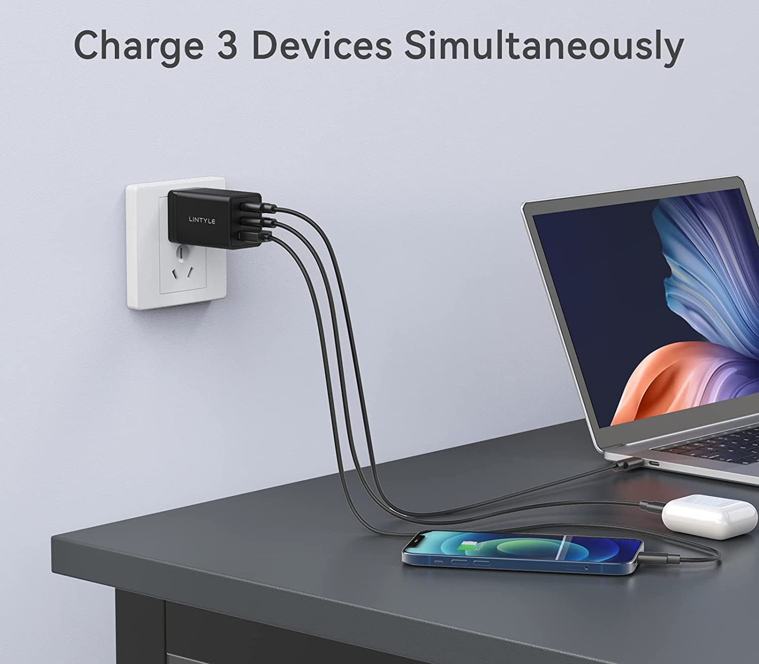 LINTYLE 3-Port USB C Gan Charger 65W PD 3.0 Fast Charger Block USB-C Power Delivery Type C Wall Charger Foldable Adapter for Iphone 14 Pro Max and Macbook Pro/Air, Galaxy S22/S21, Laptop (65W, Black)  LINTYLE   