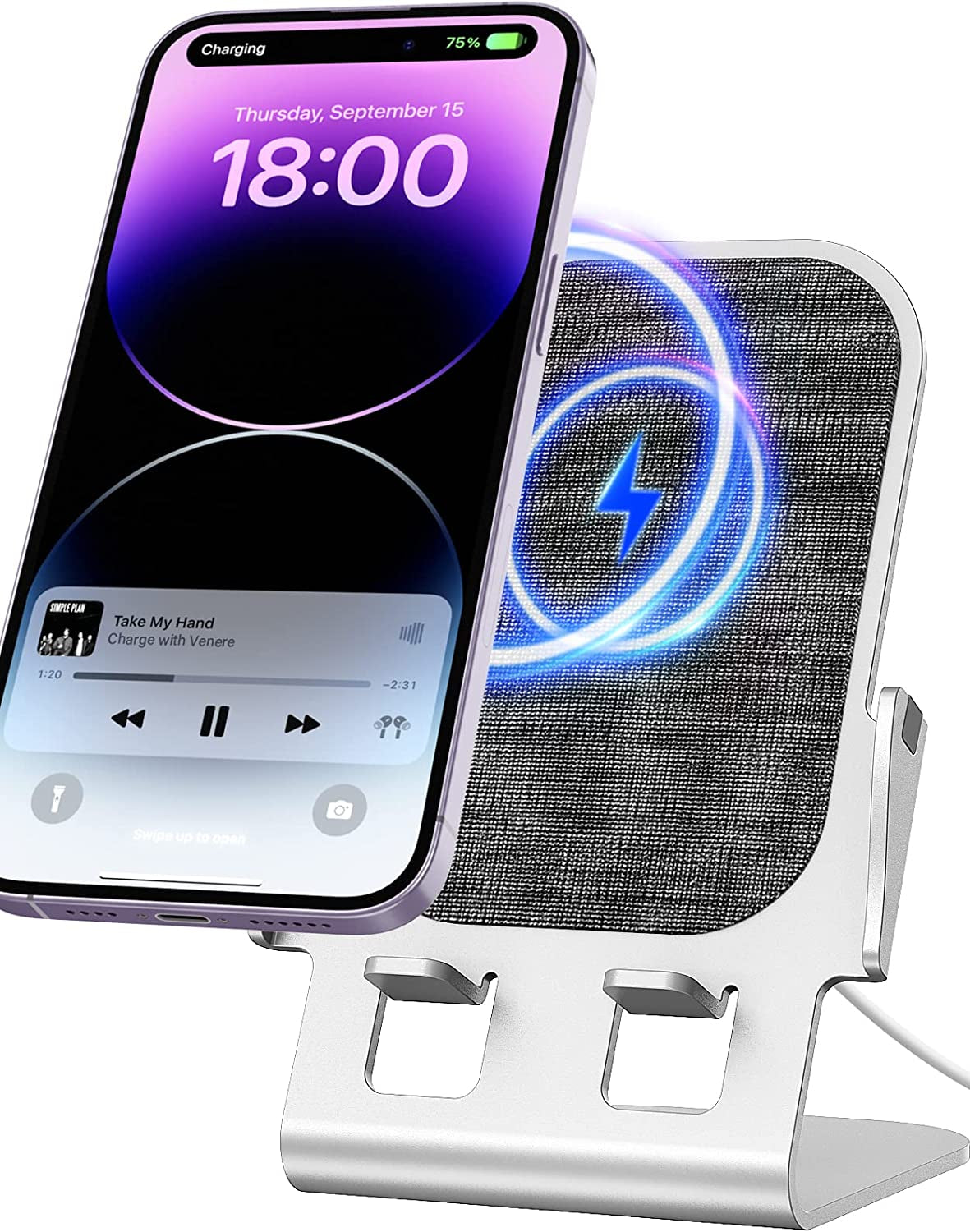 Wireless Charger, 15W Fast Wireless Charging, Ultra-Thin Aluminum Alloy Cell Phone Stand, Compatible with Iphone 14/13/12/11/X/8 Series, Samsung, Motorola, Huawei, Oneplus, Pixel, Qi Certified Device  Venere Space Silver  