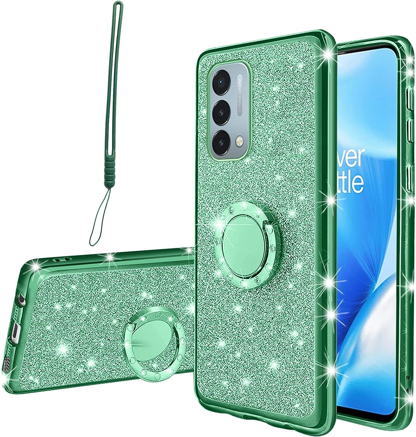 Kudini for Oneplus Nord N200 5G Case for Women Glitter Crystal Soft TPU Bling Cute Butterfly Heart Floral Clear Protective Cover with Ring Kickstand+Strap for Oneplus Nord N200 5G (Rose Gold)  KuDiNi Glitter Green  