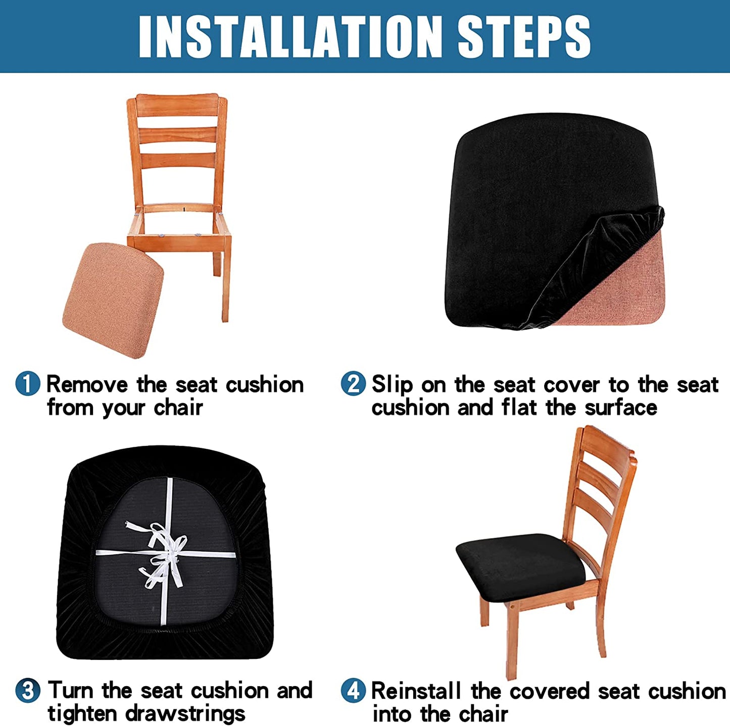 Smiry Original Velvet Dining Chair Seat Covers, Stretch Fitted Dining Room Upholstered Chair Seat Cushion Cover, Removable Washable Furniture Protector Slipcovers with Ties - Set of 2, Black  smiry   