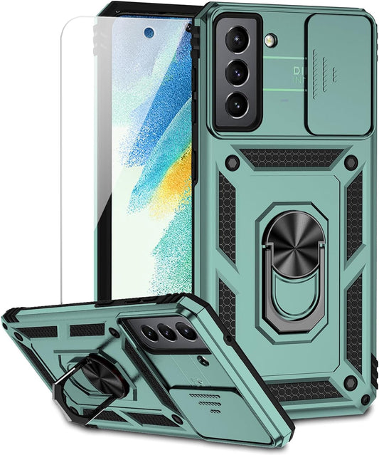 For Samsung Galaxy S21 FE 5G Case with Camera Lens Cover HD Screen Protector, Military-Grade Drop Tested Magnetic Ring Holder Kickstand Protective Phone Case for Samsung Galaxy S21 FE 5G (Dark Green)  JINZHI Inc   