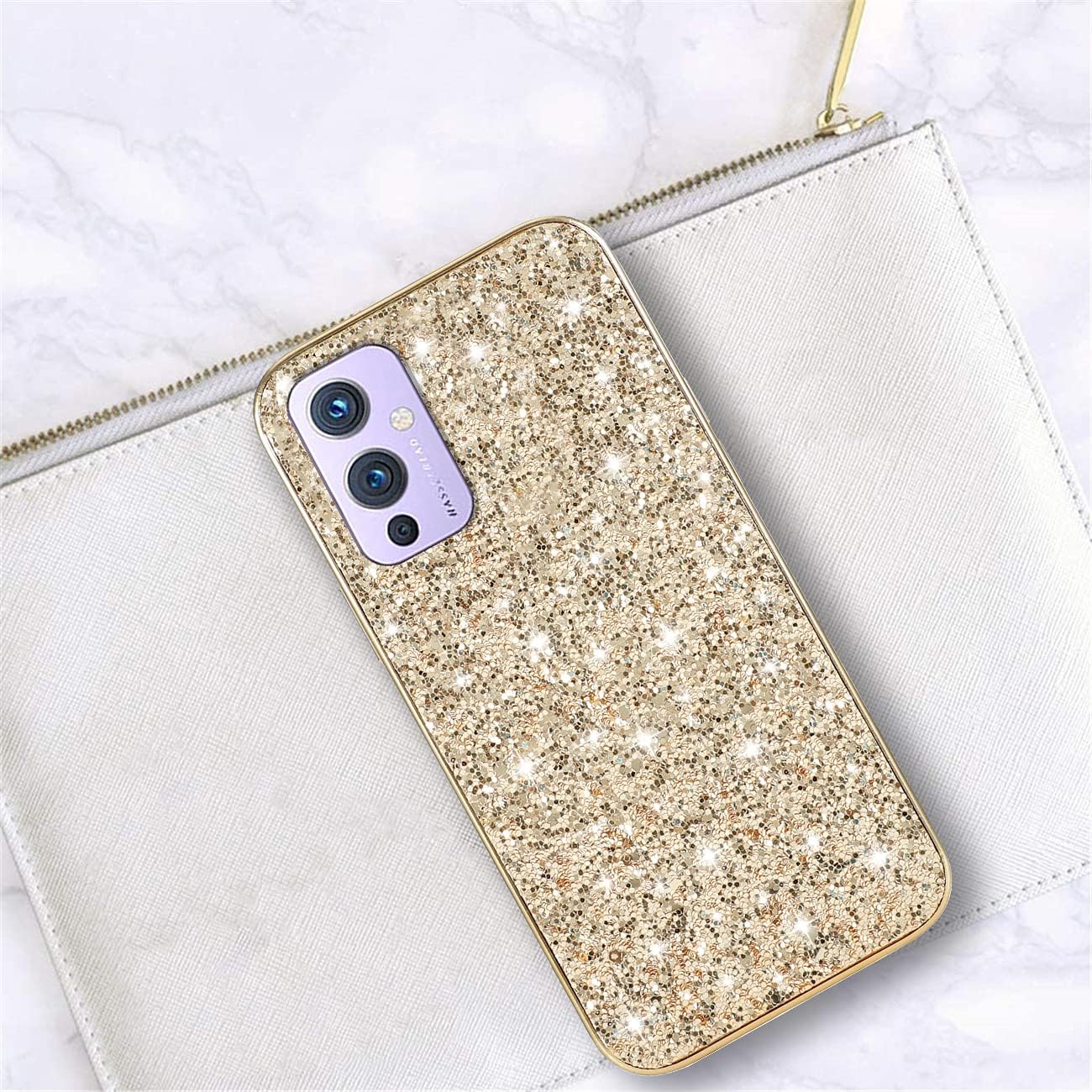 Compatible with Oneplus 9 Case Glitter Shockproof,Oneplus 9 Phone Case Bling Sparkly Soft TPU and PC Silicone Shiny Girl Women Thin Protective Cover (Gold)  Wousunly   