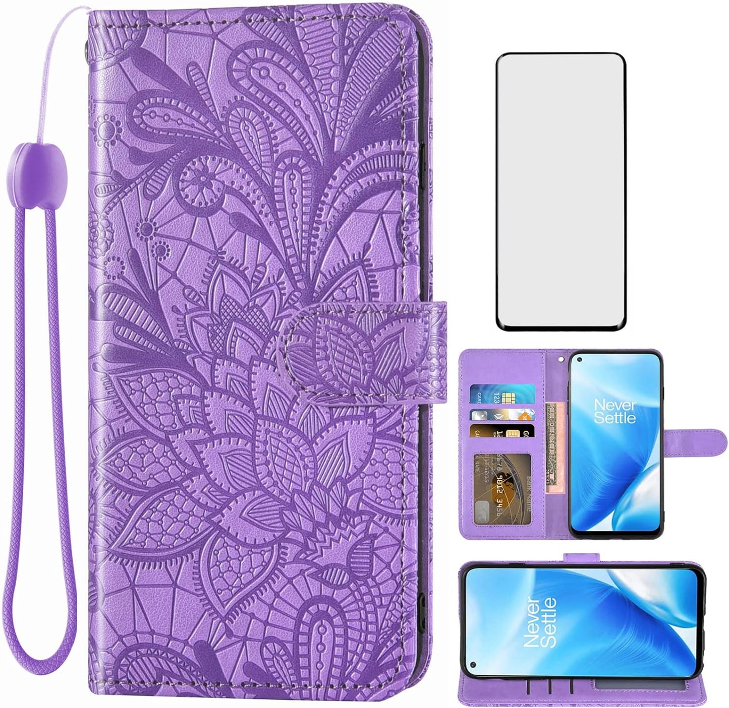 Asuwish Phone Case for Oneplus Nord N200 5G with Screen Protector and Lace Wallet Cover Flip Card Holder Stand Cell Accessories One plus N 200 G5 1 plus 200N 1Plus One+ 1+ N2005G 2021 Women Men Purple  Asuwish Purple  