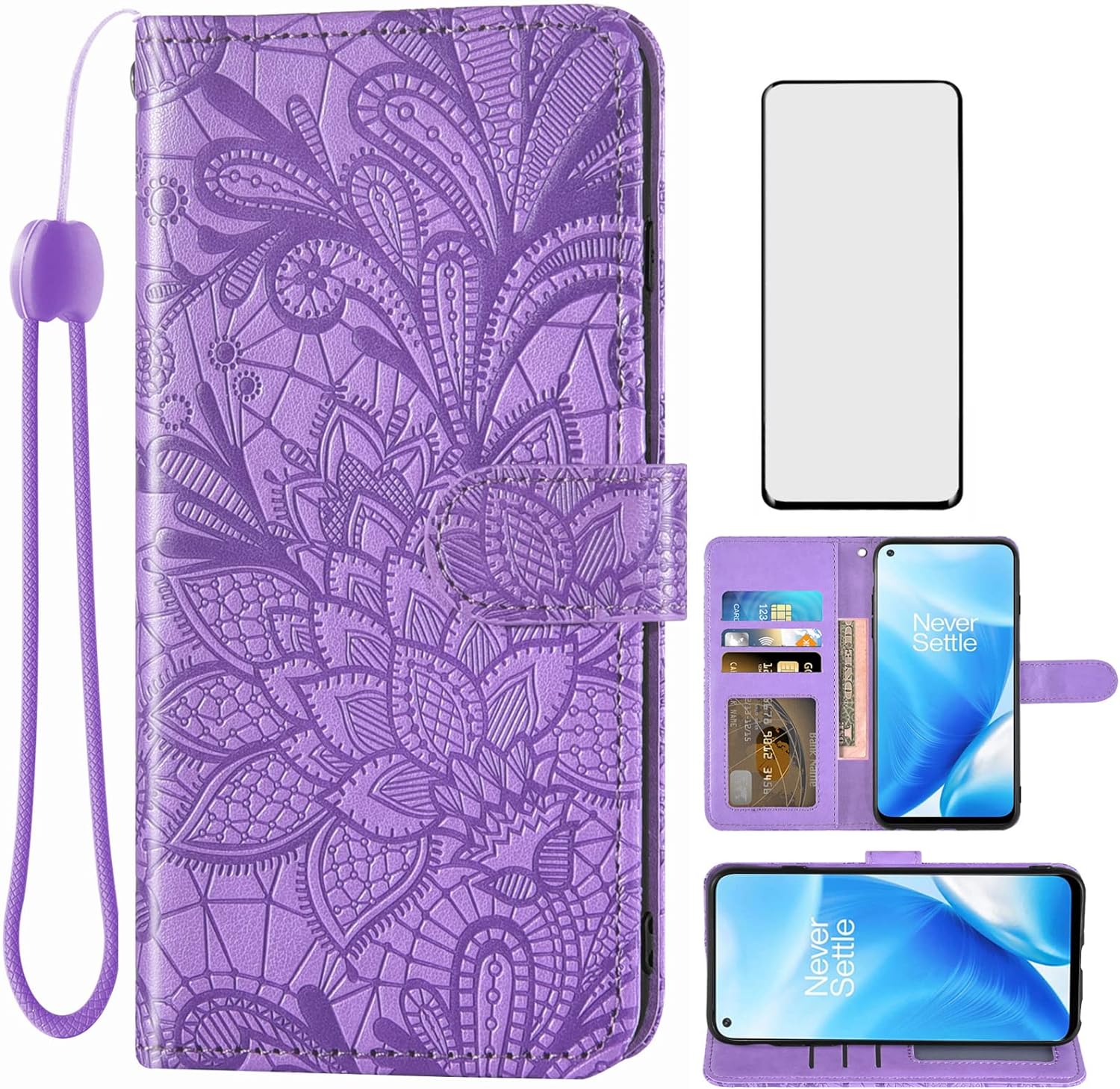 Asuwish Phone Case for Oneplus Nord N200 5G with Screen Protector and Lace Wallet Cover Flip Card Holder Stand Cell Accessories One plus N 200 G5 1 plus 200N 1Plus One+ 1+ N2005G 2021 Women Men Blue  Asuwish Purple  