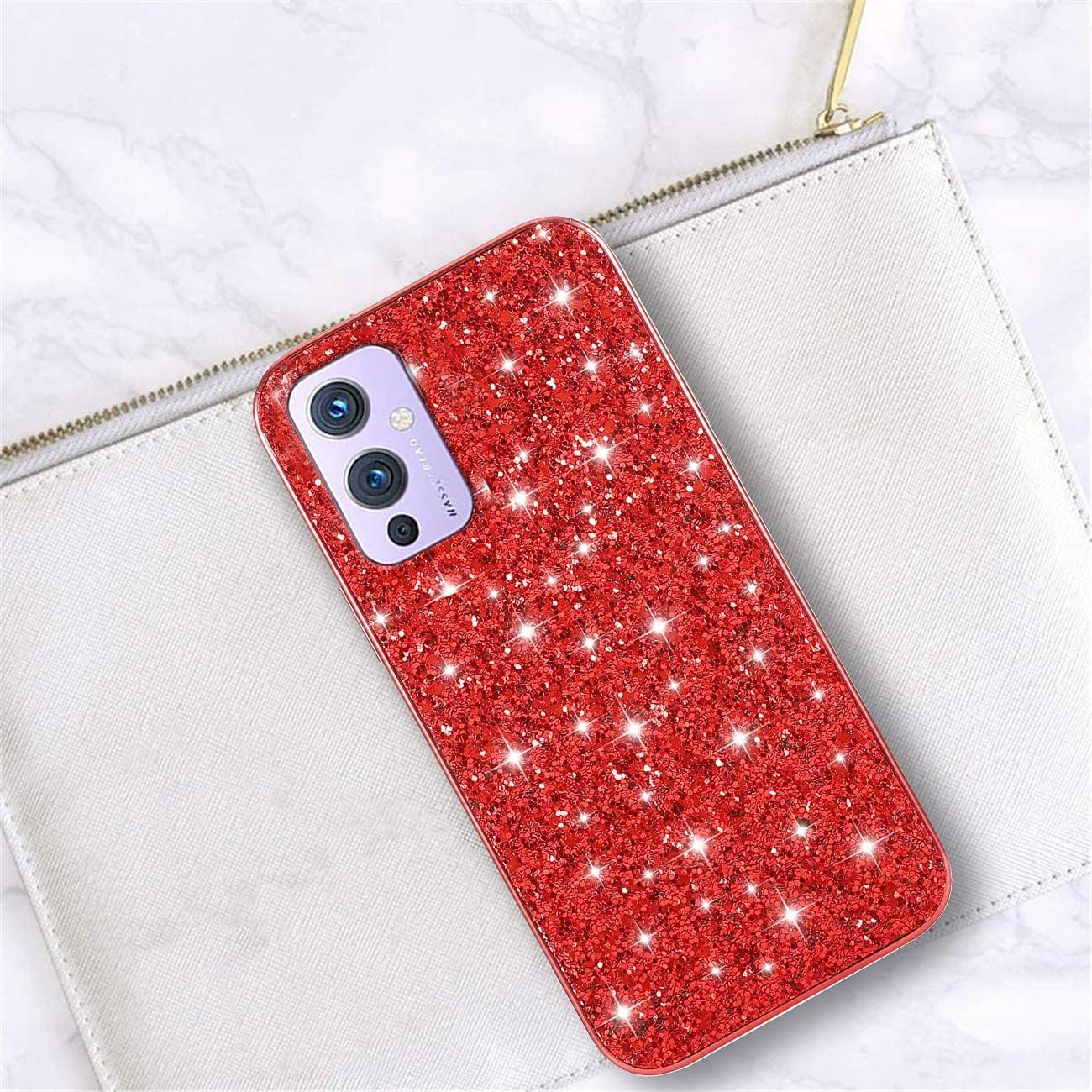 Compatible with Oneplus 9 Case Glitter Shockproof,Oneplus 9 Phone Case Bling Sparkly Soft TPU and PC Silicone Shiny Girl Women Thin Protective Cover (Red)  Wousunly   