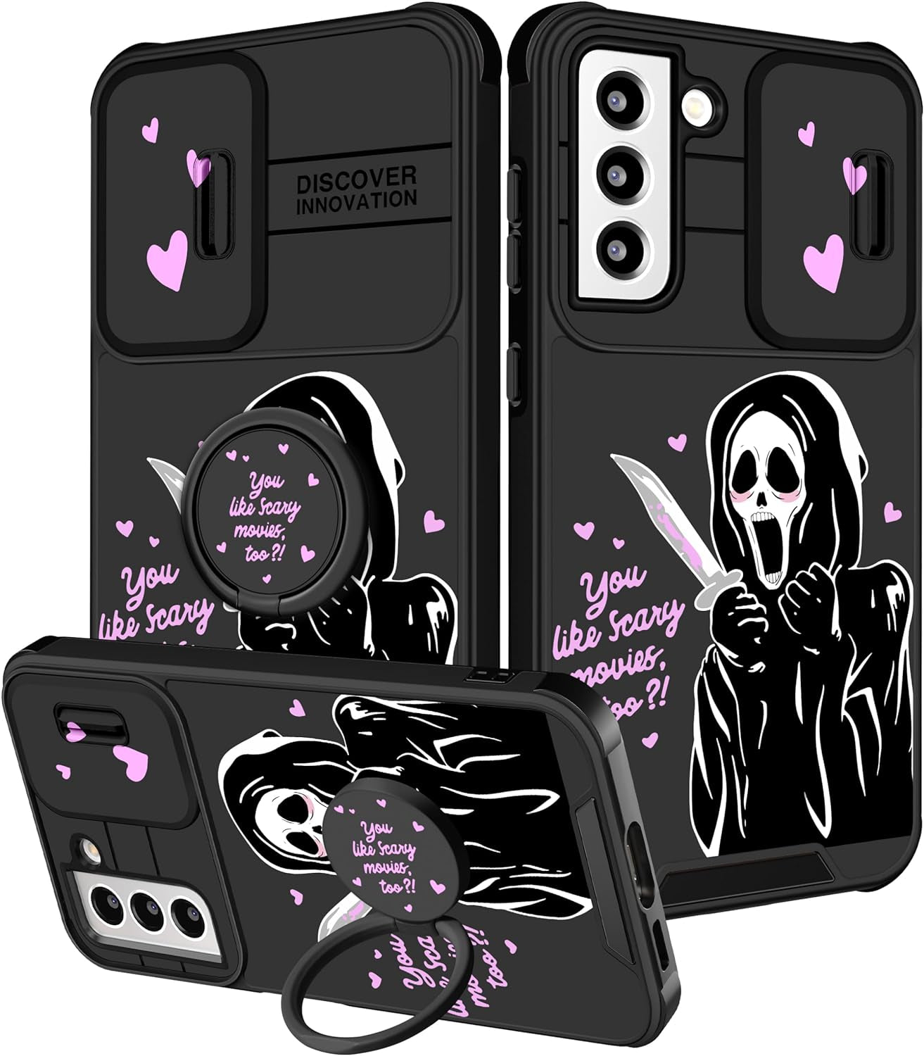 Oqpa for Samsung Galaxy S22 plus Phone Case Cute Cartoon Galaxy S22 plus Case with Camera Cover+Ring Holder for Women Girly Girls Boys Kids Kawaii Funny Case for Samsung S22 Plus, Minn Micki  meitong2020 Heart Skull  
