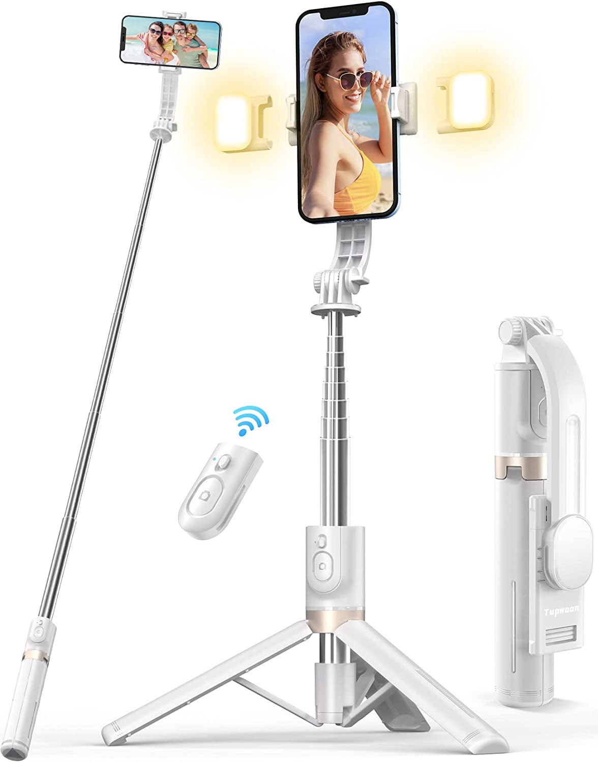 44.9 Inch Selfie Stick with Reinforced Tripod - 2 Fill Lights, Tupwoon Extendable & Portable Phone Tripod with Remote, Compatible with Iphone 14 Pro Max/13/12/11 Samsung Android  Tupwoon White  