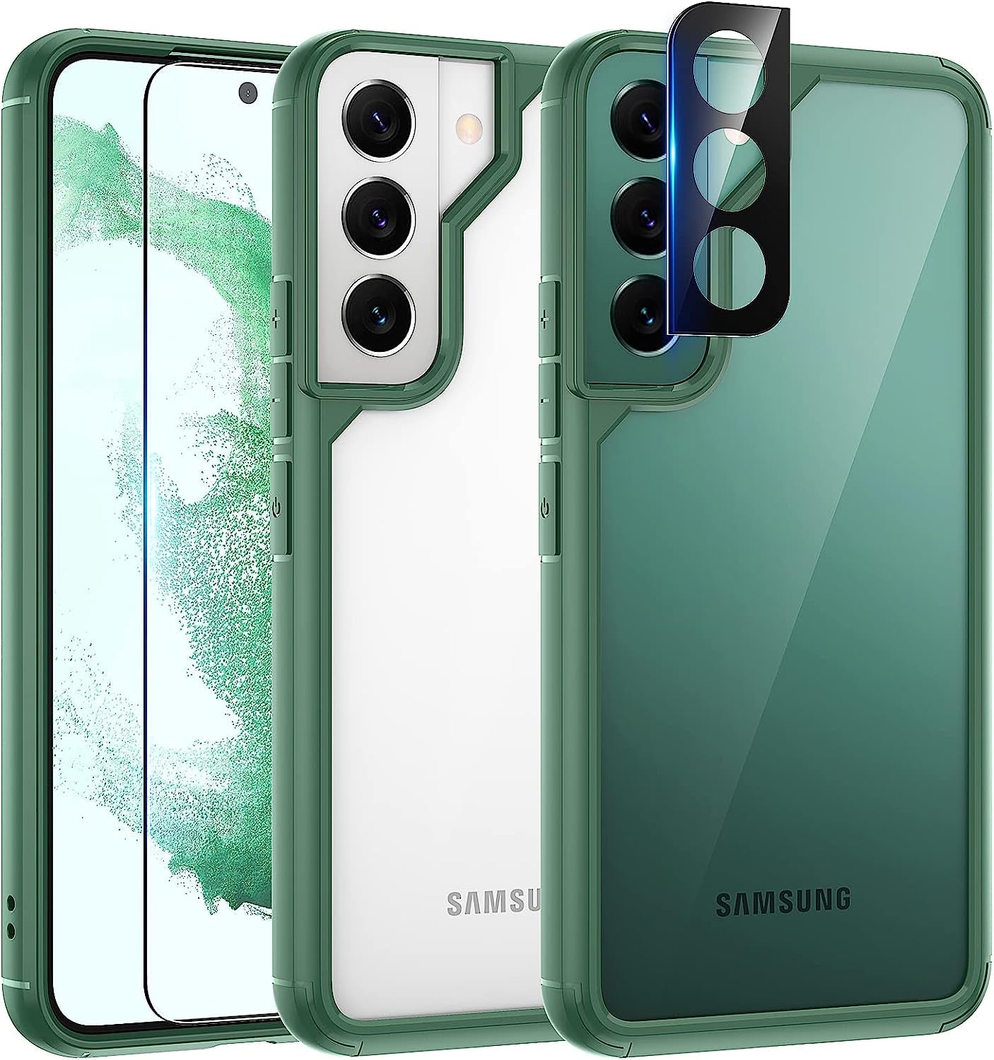 TAURI [5 in 1] Shockproof Designed for Samsung Galaxy S22 Case 5G 6.1 Inch, with 2 Pack Tempered Glass Screen Protector + 2 Pack Camera Lens Protector [Military Grade Protection] Slim Thin Cover  TAURI Midnight Green S22 Plus-6.6 Inch 
