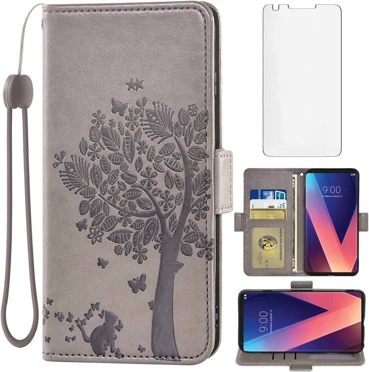 Asuwish Compatible with LG V35 Thinq V30 plus Wallet Case and Tempered Glass Screen Protector Flip Wrist Strap Card Holder Cell Phone Cover for LGV30 LGV35 LG30 LG35 V 30 35 V30+ V30S H931 Rose Gold  Asuwish Gray  