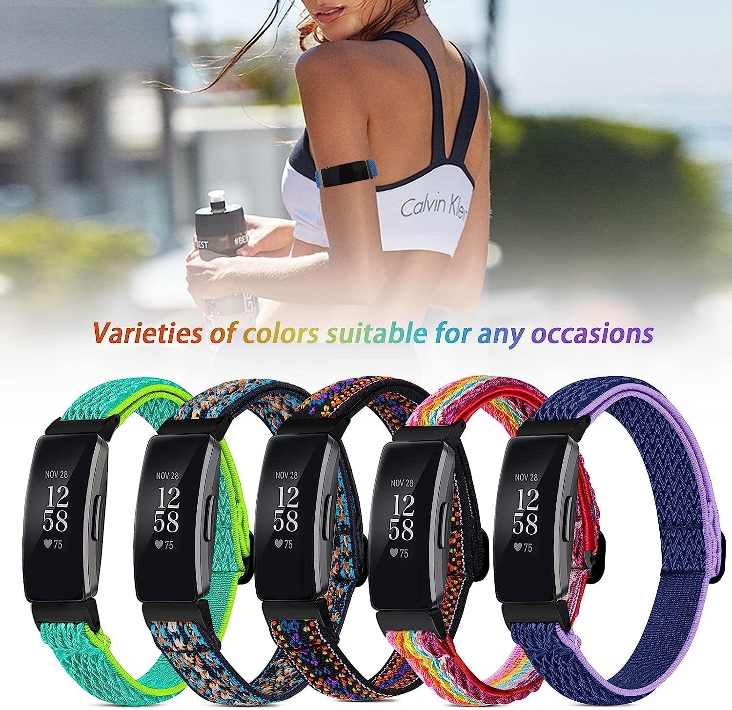 5 Pack Elastic Bands Compatible with Fitbit Inspire 2 / Inspire HR / Inspire / Ace 3 / Ace 2, Soft Loop Nylon Fabric Breathable Stretchy Replacement Straps Accessory Wristband for Women Men  POHNUI   