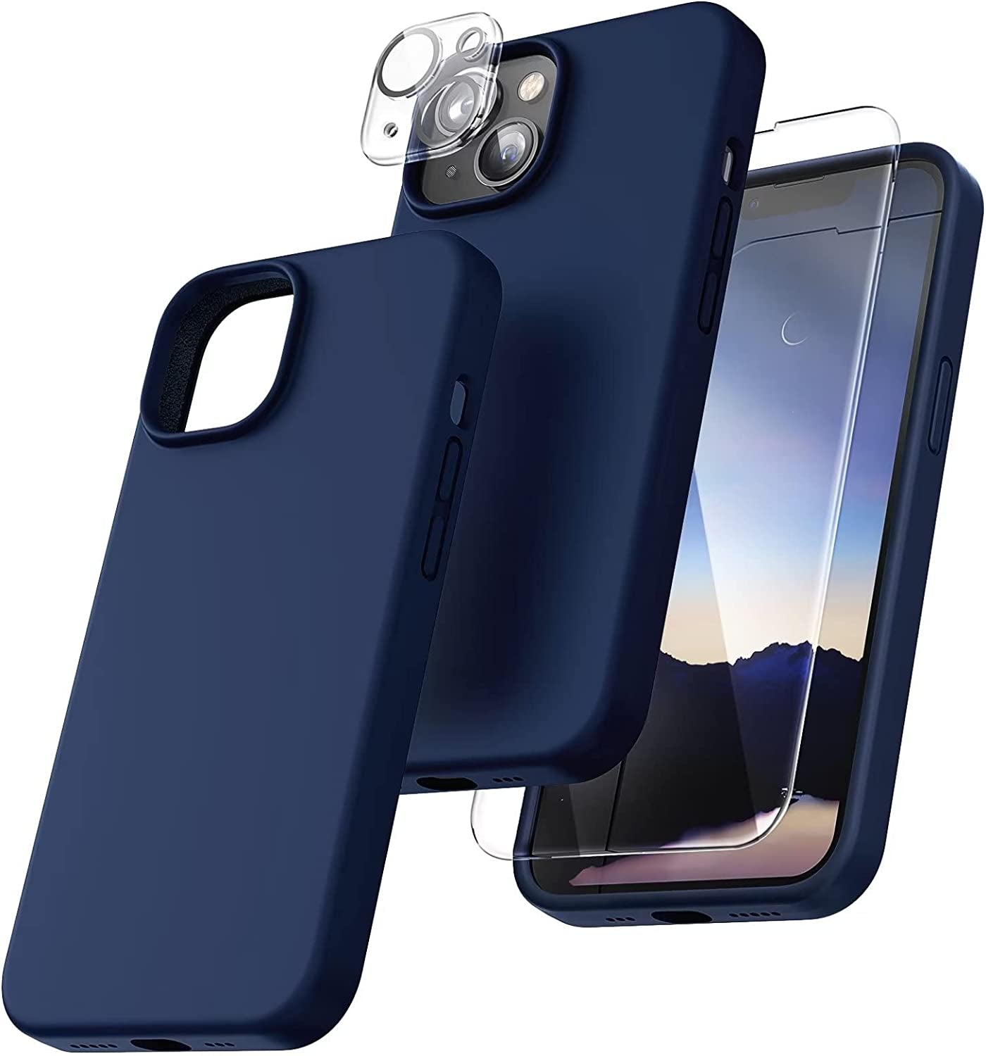 TOCOL [5 in 1 for Iphone 14 Case, with 2 Pack Screen Protector + 2 Pack Camera Lens Protector, Slim Liquid Silicone Phone Case 14 6.1 Inch, [Anti-Scratch] [Drop Protection], Midnight Blue  TOCOL Blue  