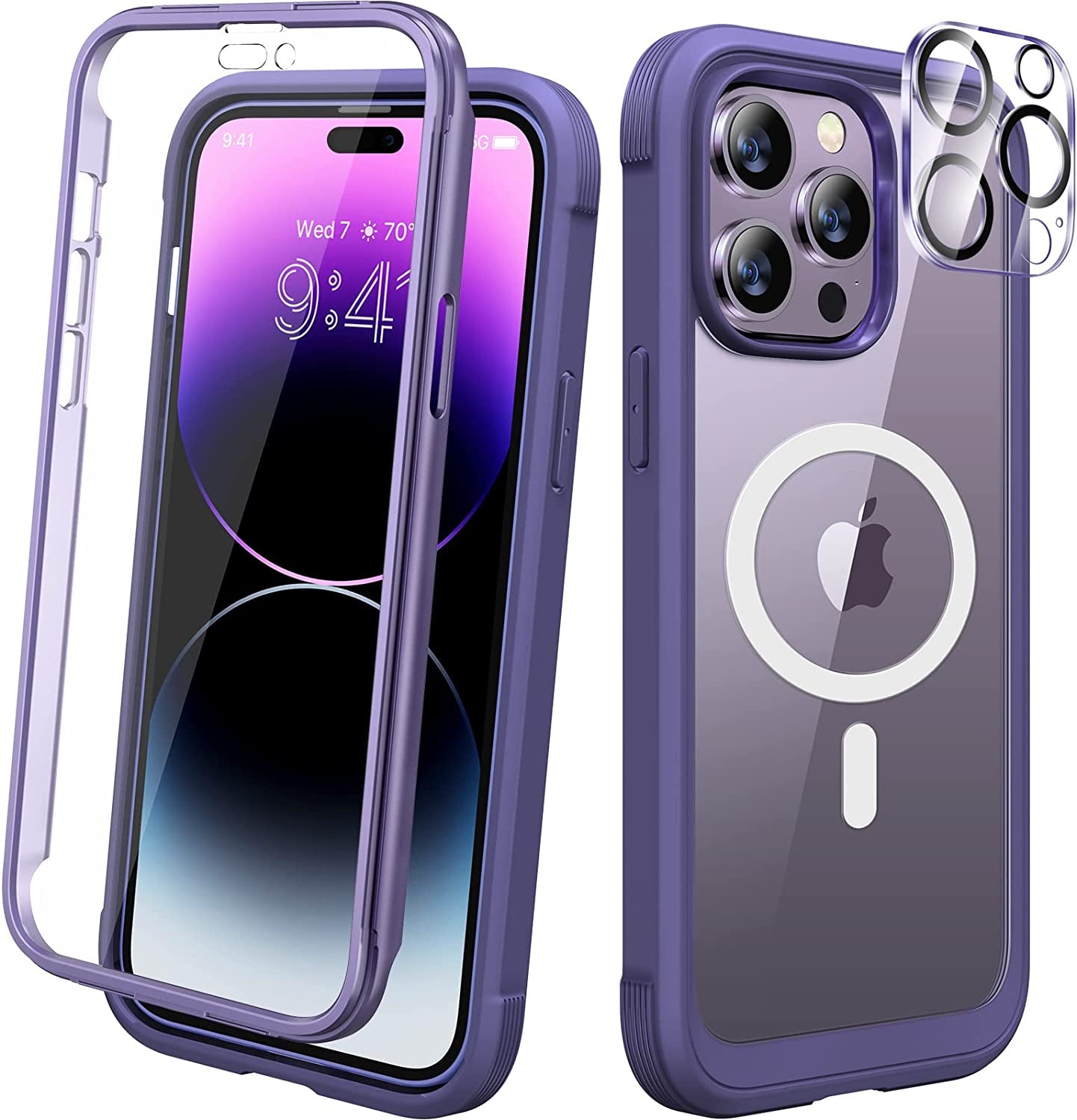 Diaclara Designed for Iphone 14 Pro Case 6.1’’, [2023 Upgraded] Full Body Rugged Case W/Built-In Touch Sensitive Anti-Scratch Screen Protector+9H Tempered Glass Camera Lens Protector (Bean Yellow)  Diaclara Purple-Magsafe Iphone 14 Pro 