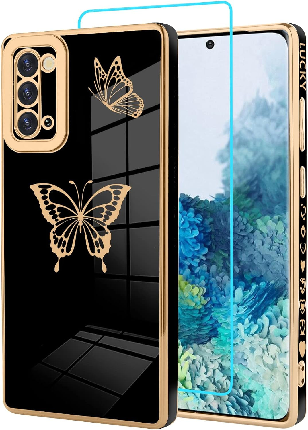 Jefonha for Samsung Galaxy Note 20 Ultra 6.9 Inch Plating Cute Butterflies Cover with Screen Protector Cute Side Pattern Soft TPU Shockproof Full Camera Lens Protection Electroplated Case - Black  Jefonha Samsung Galaxy Note 20 Samsung Galaxy Note 20 6.7 Inch 