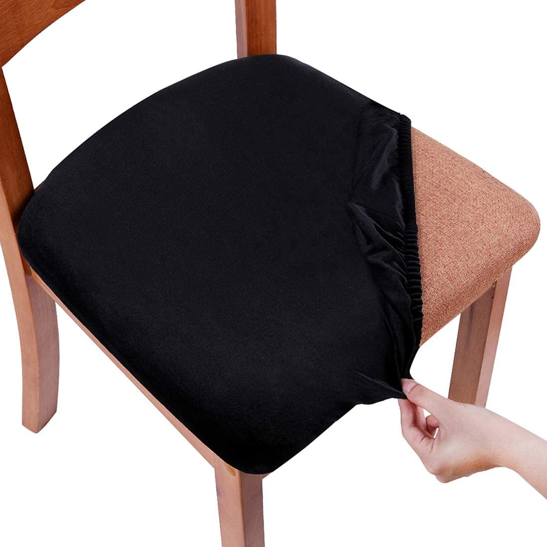 Smiry Original Velvet Dining Chair Seat Covers, Stretch Fitted Dining Room Upholstered Chair Seat Cushion Cover, Removable Washable Furniture Protector Slipcovers with Ties - Set of 2, Black  smiry   