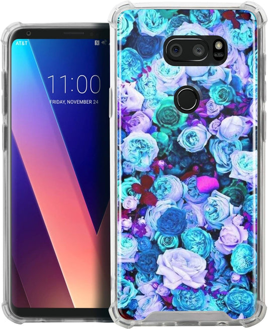 Casesondeck Bumper Case Compatible with [LG V30S Thinq and LG V30] Slim Fitted Clear TPU Bumper Shock Case (Blue Roses)  CasesonDeck   