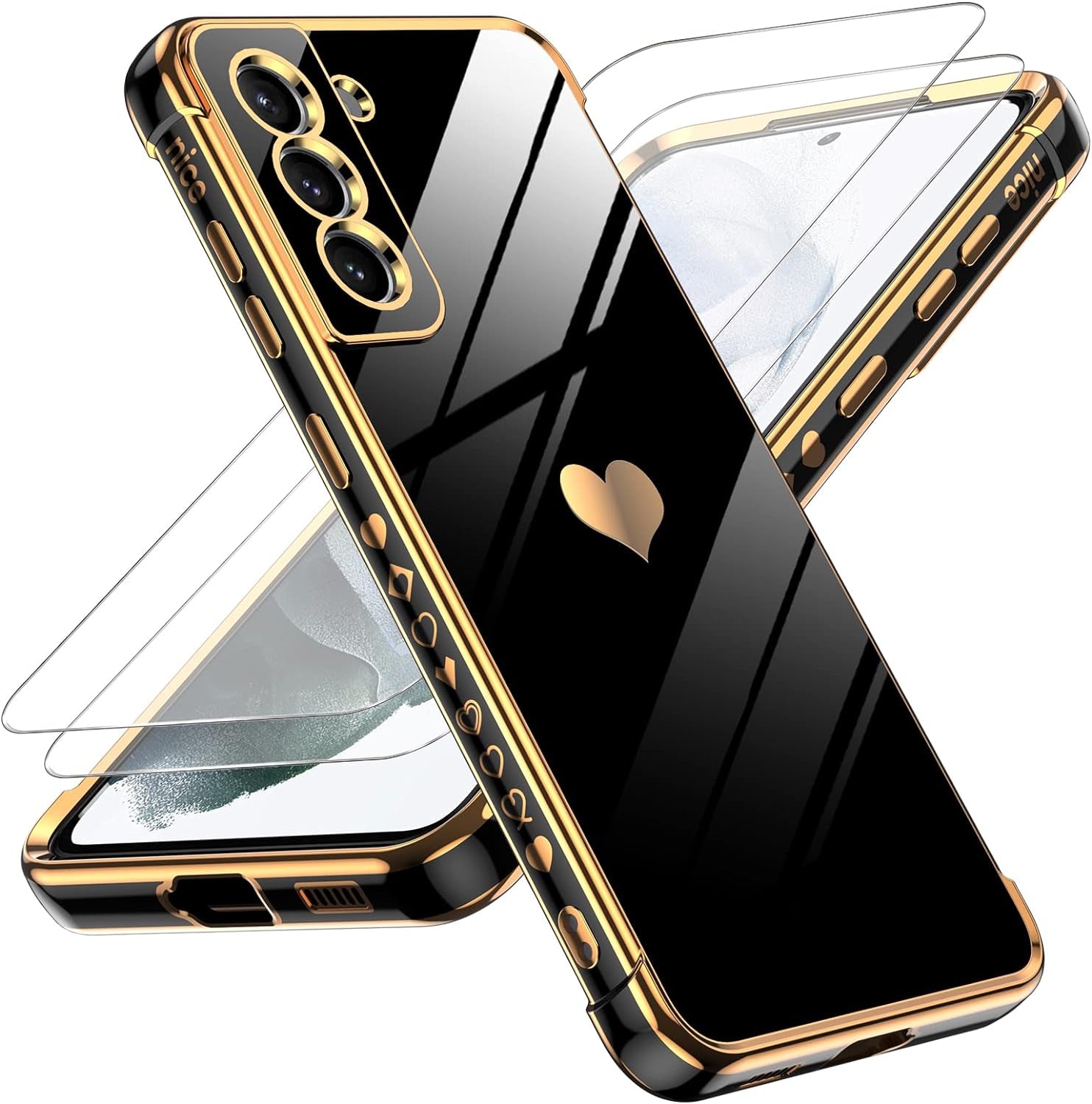 Leyi for Galaxy- S21 FE 5G- Case: Screen Protector [2 Pcs]+ Full Camera Protection, Love Heart Plating Girly Women Cute Luxury Soft TPU Case for Samsung Galaxy S21 FE, Black  LeYi   