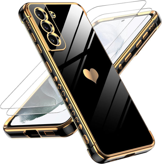 Leyi for Galaxy- S21 FE 5G- Case: Screen Protector [2 Pcs]+ Full Camera Protection, Love Heart Plating Girly Women Cute Luxury Soft TPU Case for Samsung Galaxy S21 FE, Black  LeYi   