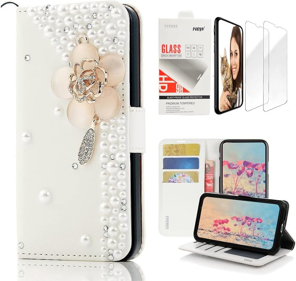 STENES Bling Wallet Case Compatible with LG G7 Thinq - Stylish - 3D Handmade Flowers Design Leather Case with Wrist Strap & Screen Protector [2 Pack] - Pink  STENES Flowers / Pink Design For Samsung Galaxy S9 Plus 