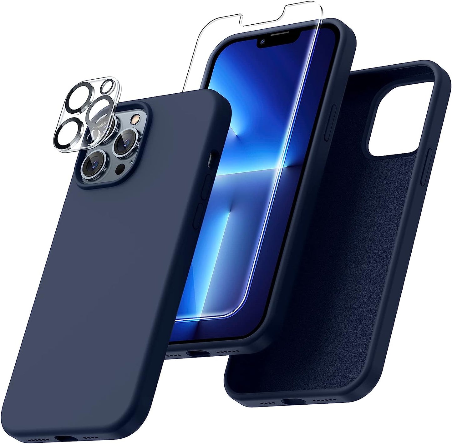 Uyiton [5 In1] Liquid Silicone Iphone 12 PRO Max Case, [Drop Protection] [Full Covered] Shockproof Slim Thin Cover with Microfiber Lining, with 2Xscreen Protector +2Xcamera Lens Protector-Green  Uyiton Navy Blue Iphone 13 Pro Max 