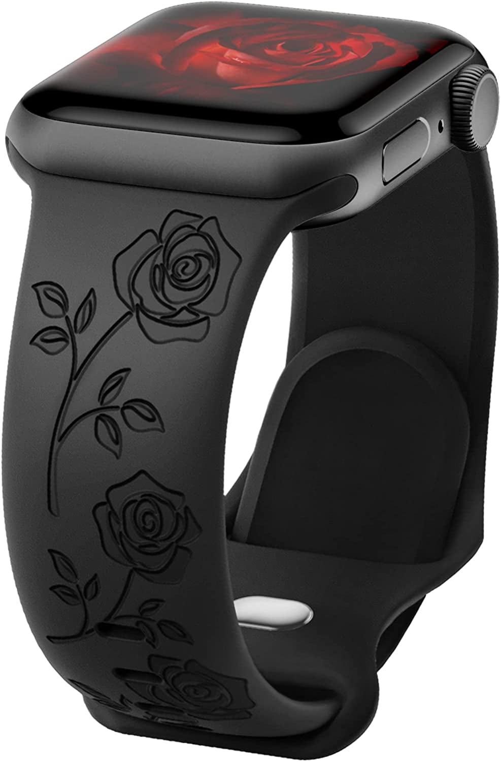Flower Engraved Band Compatible with Apple Watch Bands 42Mm 44Mm 45Mm 49Mm for Women, Soft Sunflower Laser Silicone Wristbands Cute Sport Straps for Iwatch Series 8/7/Se/6/5/4/3/2/1/Ultra  Butifacion Rose Black 42mm/44mm/45mm/49mm 