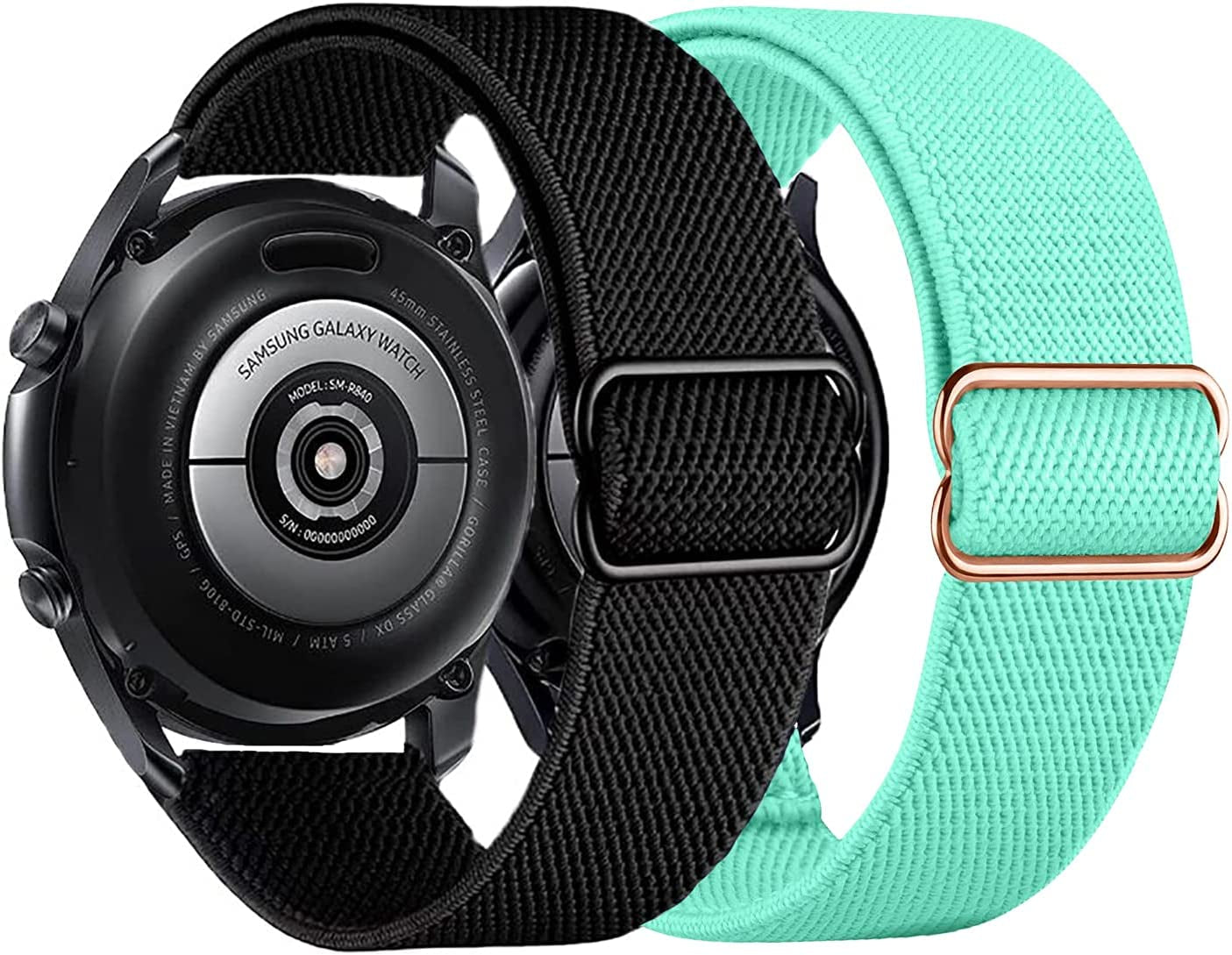 2PACK AHXLL Nylon Bands Compatible with Samsung Galaxy Watch Active 2 44Mm 40Mm/Active 40Mm/Galaxy Watch 3 41Mm/ Galaxy Watch 4 40Mm 44Mm /Galaxy Watch 5 Pro 45Mm, 20Mm Stretchy Sport Loop Breathable Wristband (Black+Army Green)  AHXLL Black+Turquoise  