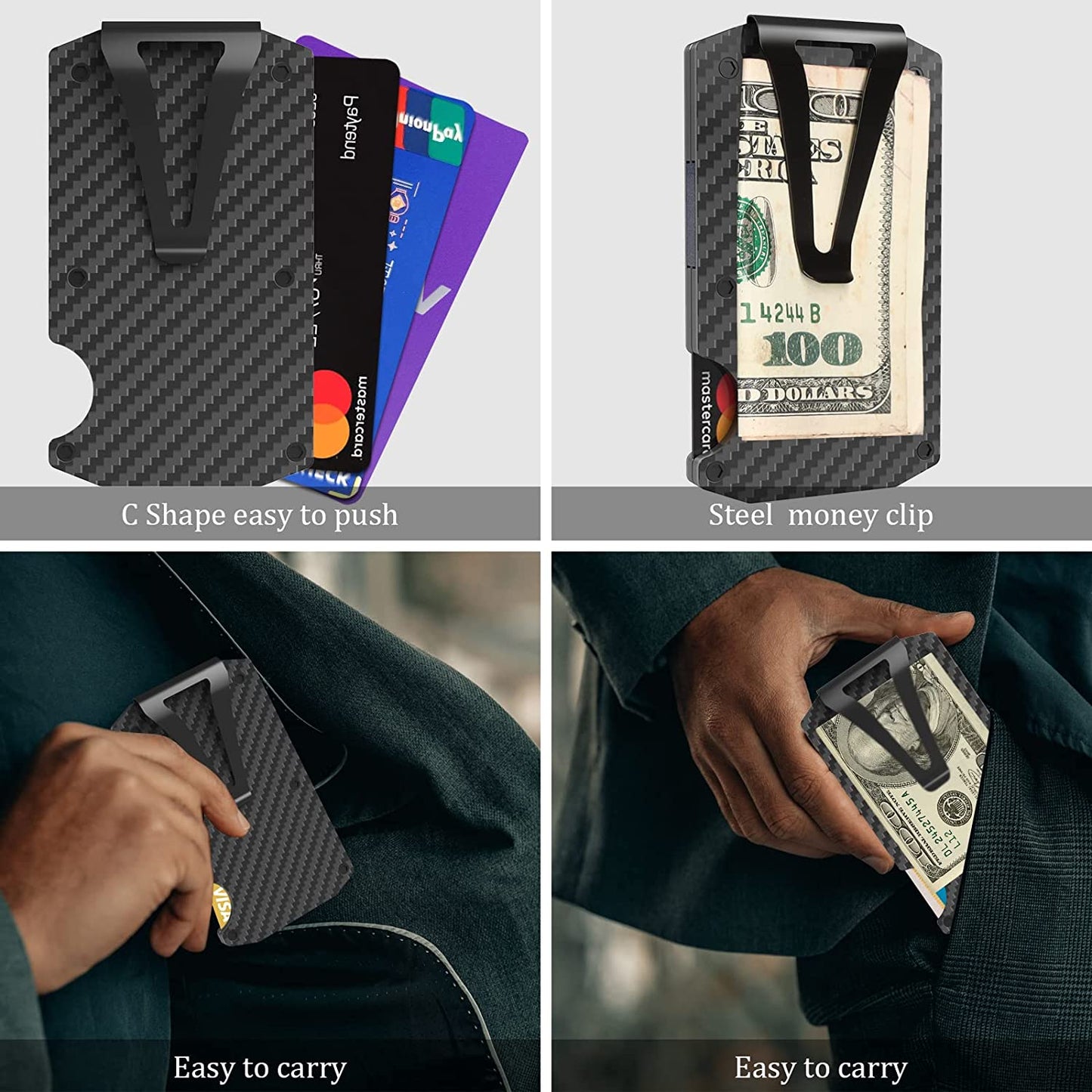 Mvgges Slim Minimalist Wallet for Men, RFID Blocking Aluminum Credit Card Holder, Carbon Fiber Men'S Wallet with Money Clip (Black)  mvgges   