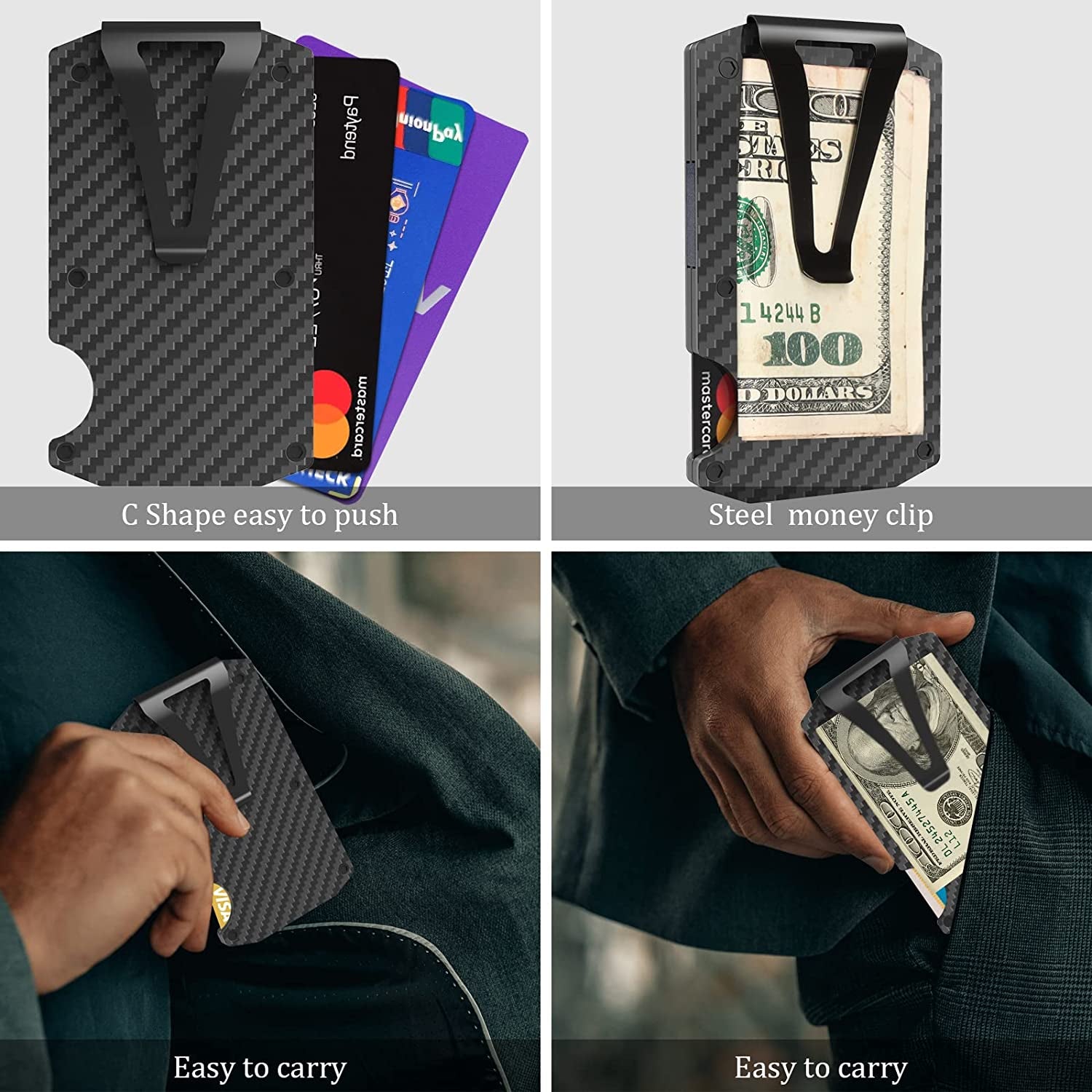 Mvgges Slim Minimalist Wallet for Men, RFID Blocking Aluminum Credit Card Holder, Carbon Fiber Men'S Wallet with Money Clip (Black)  mvgges   