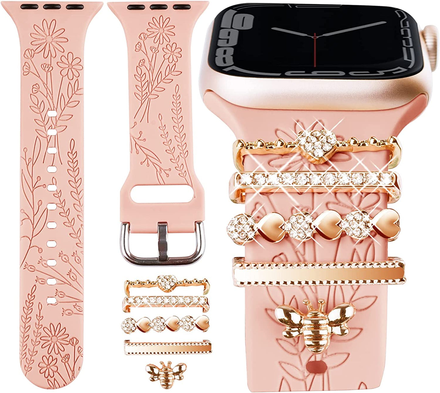 Watch Band Charms (Band Included), Compatible with Apple Watch Band 38Mm 40Mm 41Mm, ORATYFAN Floral Engraved Silicone Bands & Metal Decorative Ring Loops Accessories for Iwatch Series Se 8 7 6 5 4 3 2 1  ORATYFAN Rose Gold 38mm/40mm/41mm 