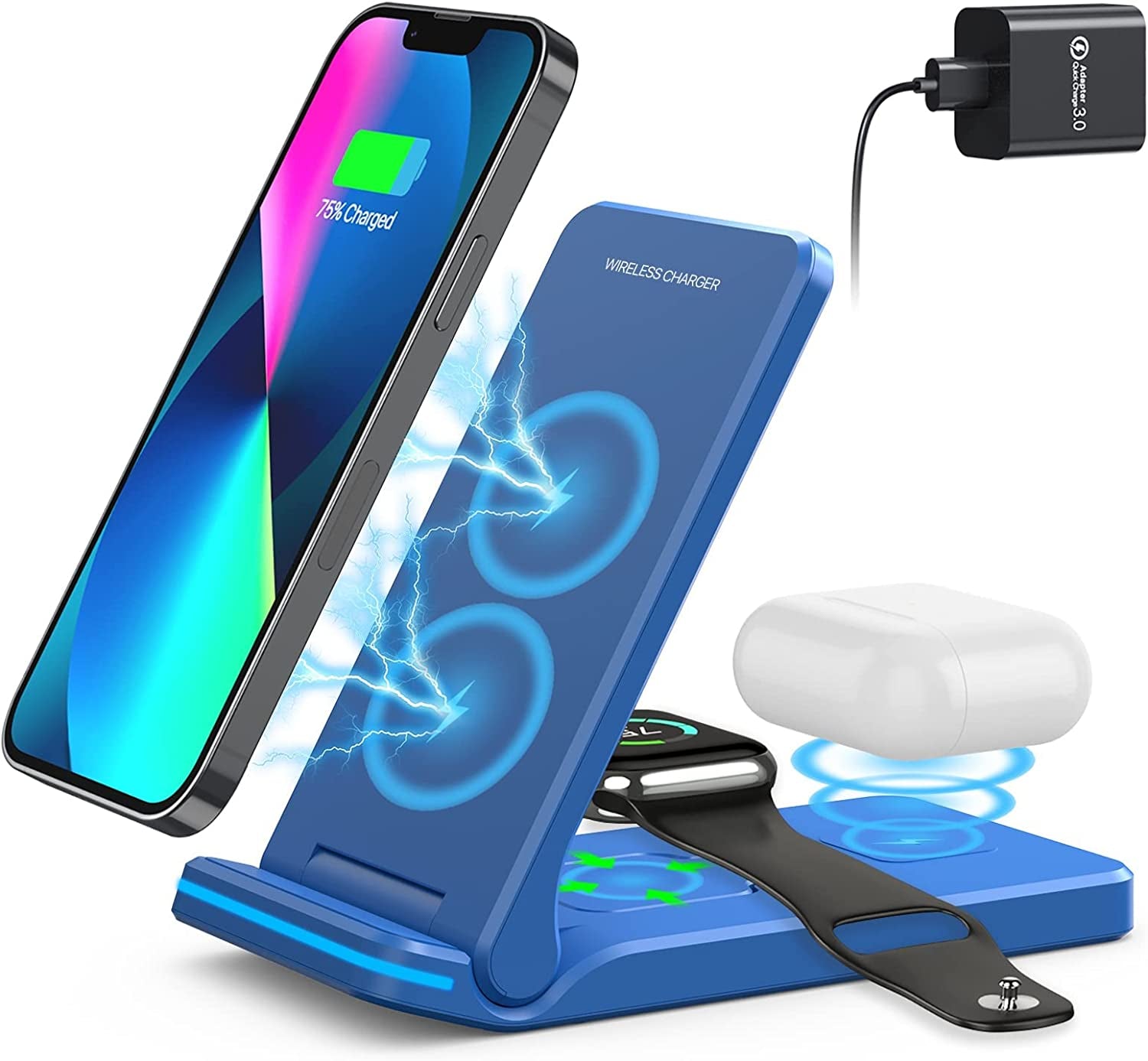 Wireless Charger, 3 in 1 Fast Charging Station, Folding Travel Wireless Charger Stand for Iphone 14,13,12,11/Pro/Max/Plus, X,XR, Xs/Max,Se, 8/Plus,Apple Watch 1-8,Airpods 3/2/Pro 18W Adapter(White)  Pendrajec blue  