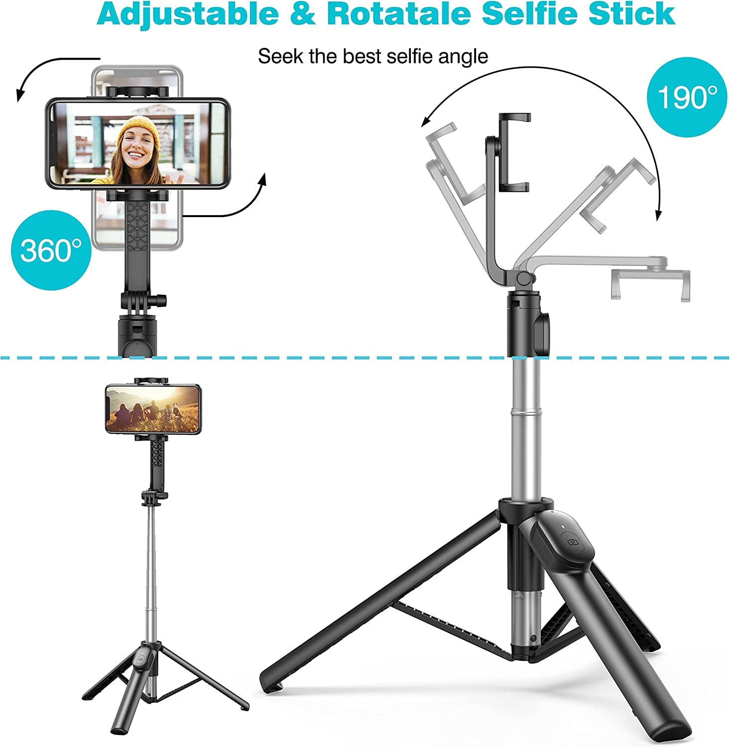 Selfie Stick, Extendable Selfie Stick Tripod with Wireless Remote, Portable Phone Tripod Stand for Group Selfie/Live Streaming/Video Recording Compatible with All Cellphone, Compact Size & Lightweight  Erligpowht   