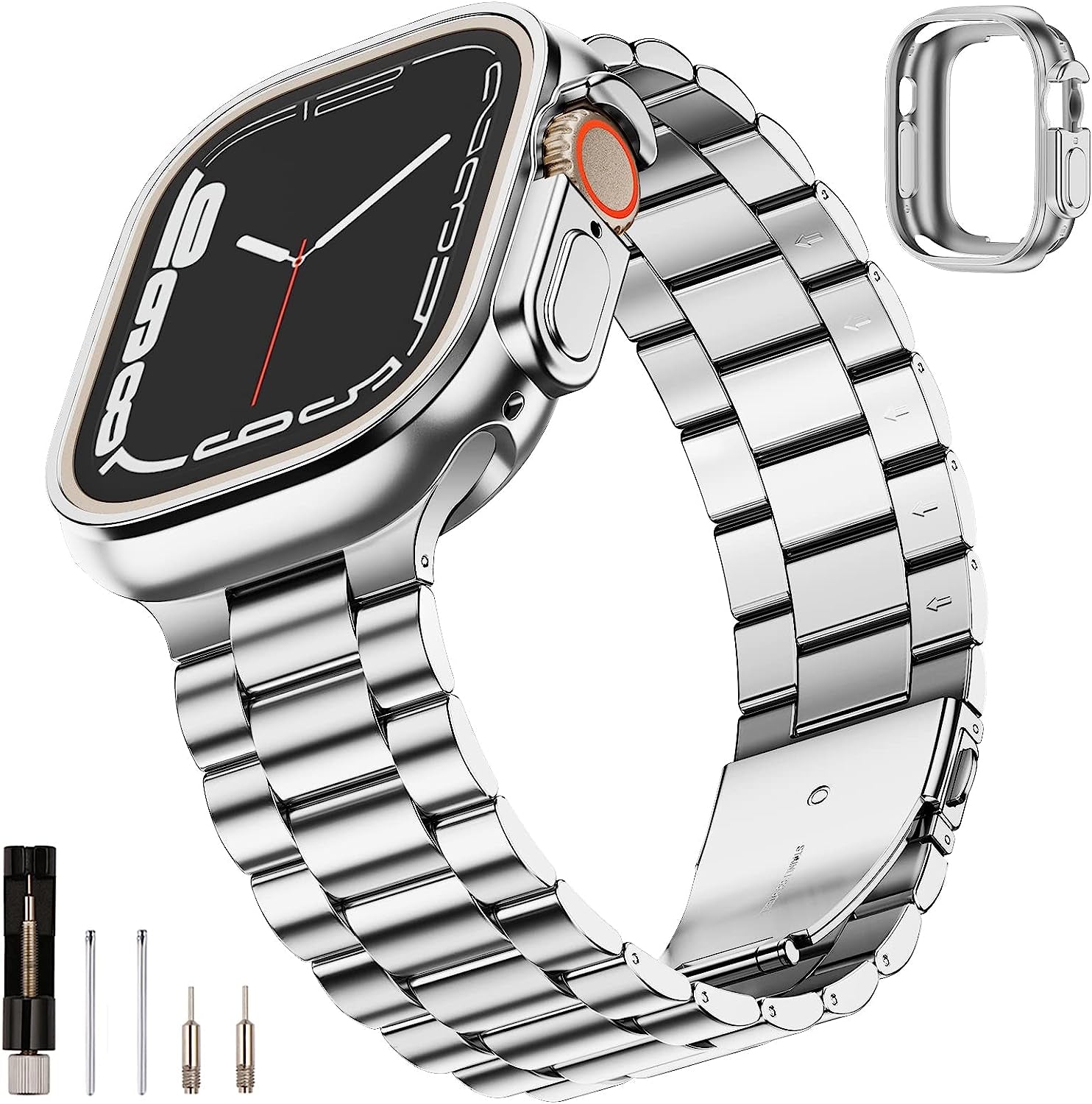 SUNFWR Compatible with Apple Watch Band 45Mm 44Mm 42Mm for Men Women, Stainless Steel Metal Iwatch Band with Case for Apple Watch Series 8/7/6/5/4/3/2/1/SE/SE2 (Black, 42Mm/44Mm/45Mm)  SUNFWR Silver 49mm 