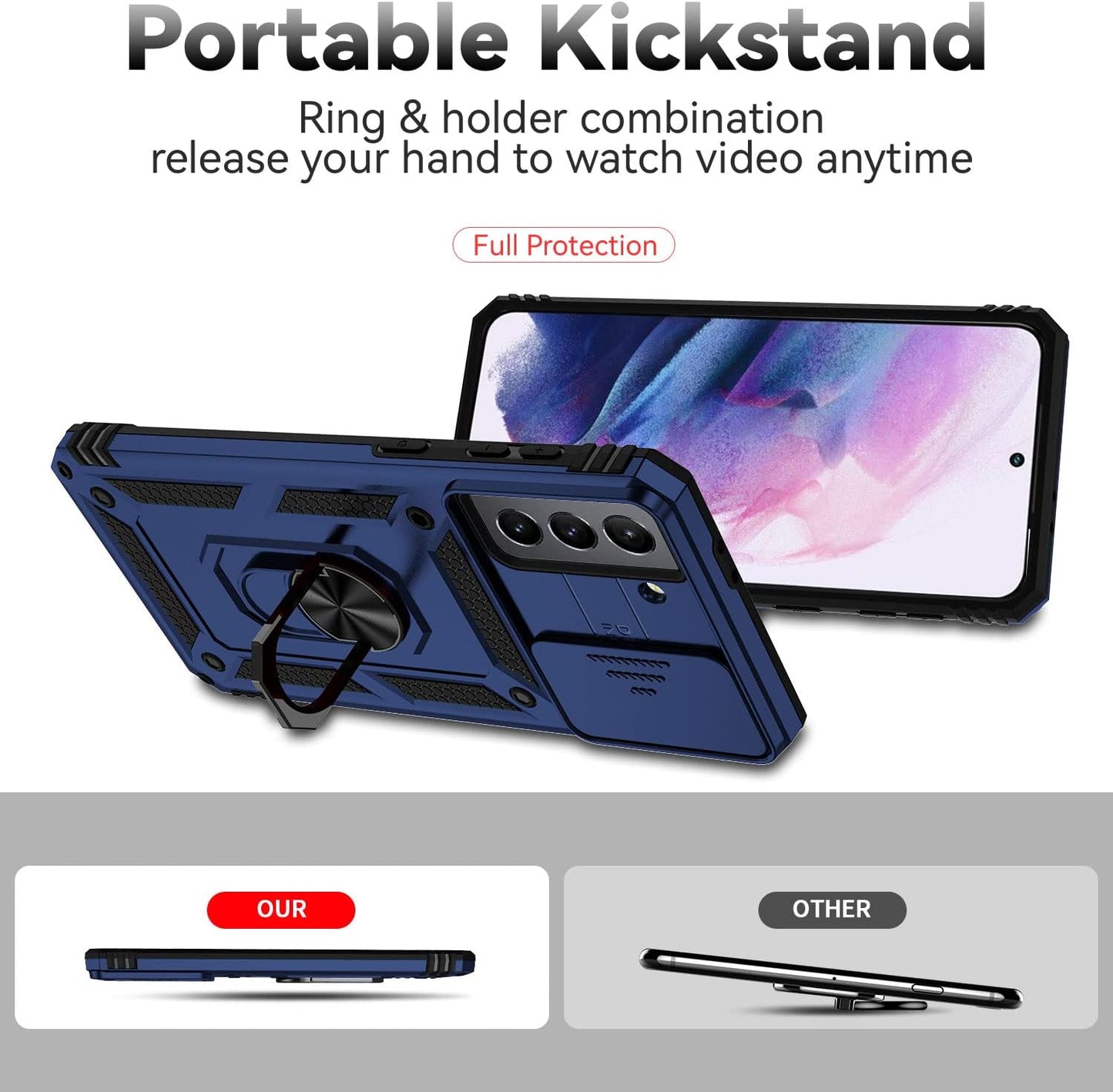 For Samsung Galaxy S21 plus Case with Camera Lens Cover HD Screen Protector, Military-Grade Drop Tested Magnetic Ring Holder Kickstand Protective Phone Case for Samsung Galaxy S21+ plus 5G (Navy Blue)  JINZHI Inc   