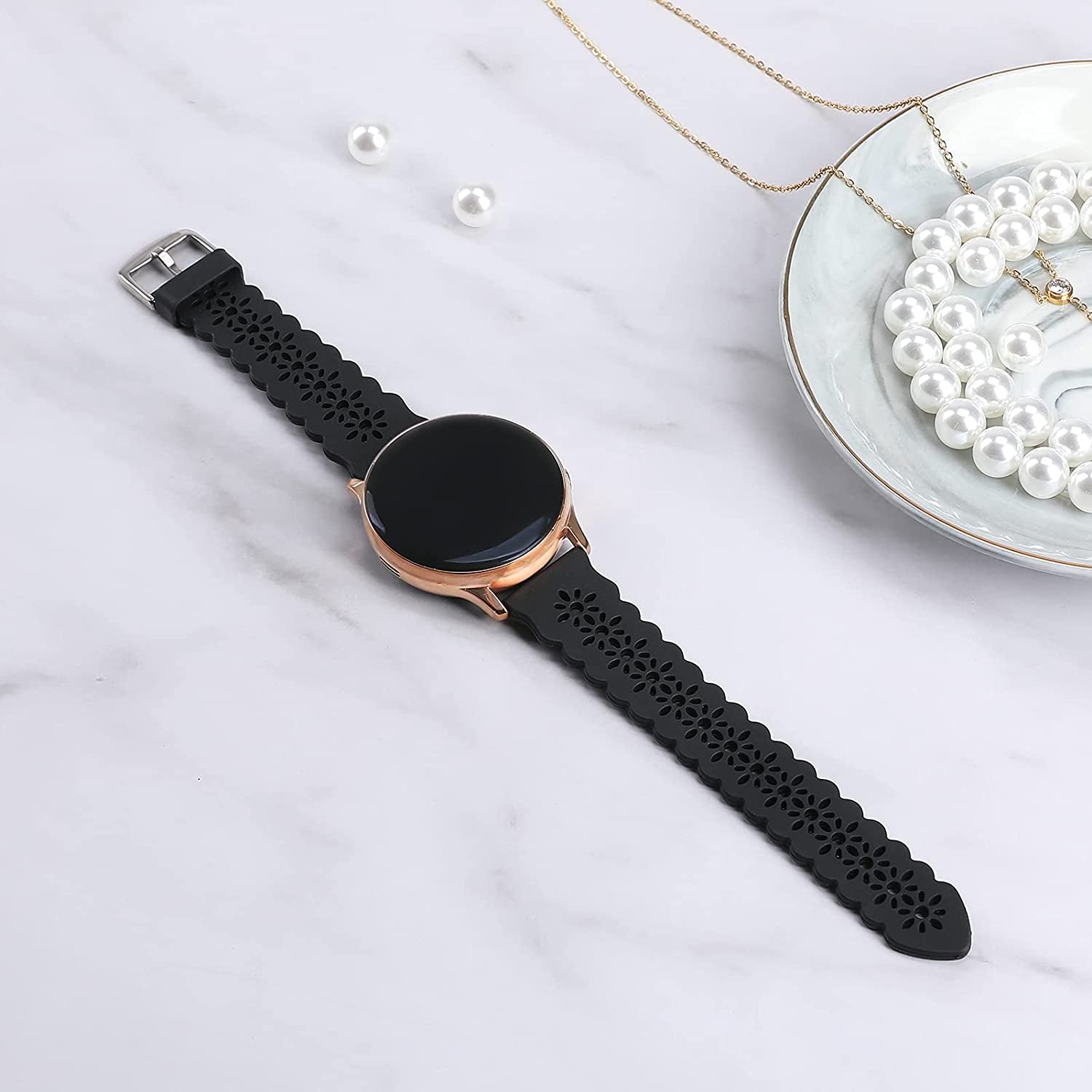 Lace Silicone Band 20Mm Compatible for Samsung Galaxy Watch 4 40Mm 44Mm/Watch 3 41Mm/Active 2 Watch Bands 40Mm 44Mm/Watch 4 Classic 42Mm 46Mm, Slim Bands Soft Smartwatch Strap for Women(Black)  Seizehe   