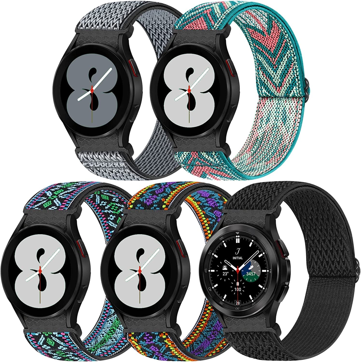 5 Pack No Gap Bands Compatible with Samsung Galaxy Watch 5 40Mm 44Mm/ Watch 5 Pro 45Mm/ Galaxy Watch 4 40Mm 44Mm/ Galaxy Watch 4 Classic 42Mm 46Mm, 20Mm Elastic Nylon Sport Band for Women Men  BeautyFurlife Black/Grey/Grarro/AztecPurple/AztecGold  
