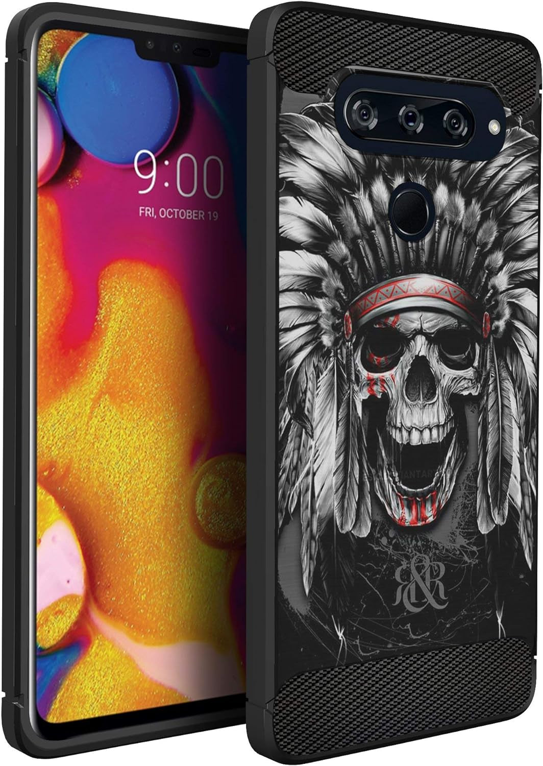 Casesondeck Case Compatible with LG V40 Thinq - Soft Fitted Flexible TPU Cover Shock Protection (Blue Future Skull)  CasesonDeck Tribal Skull Warrior  