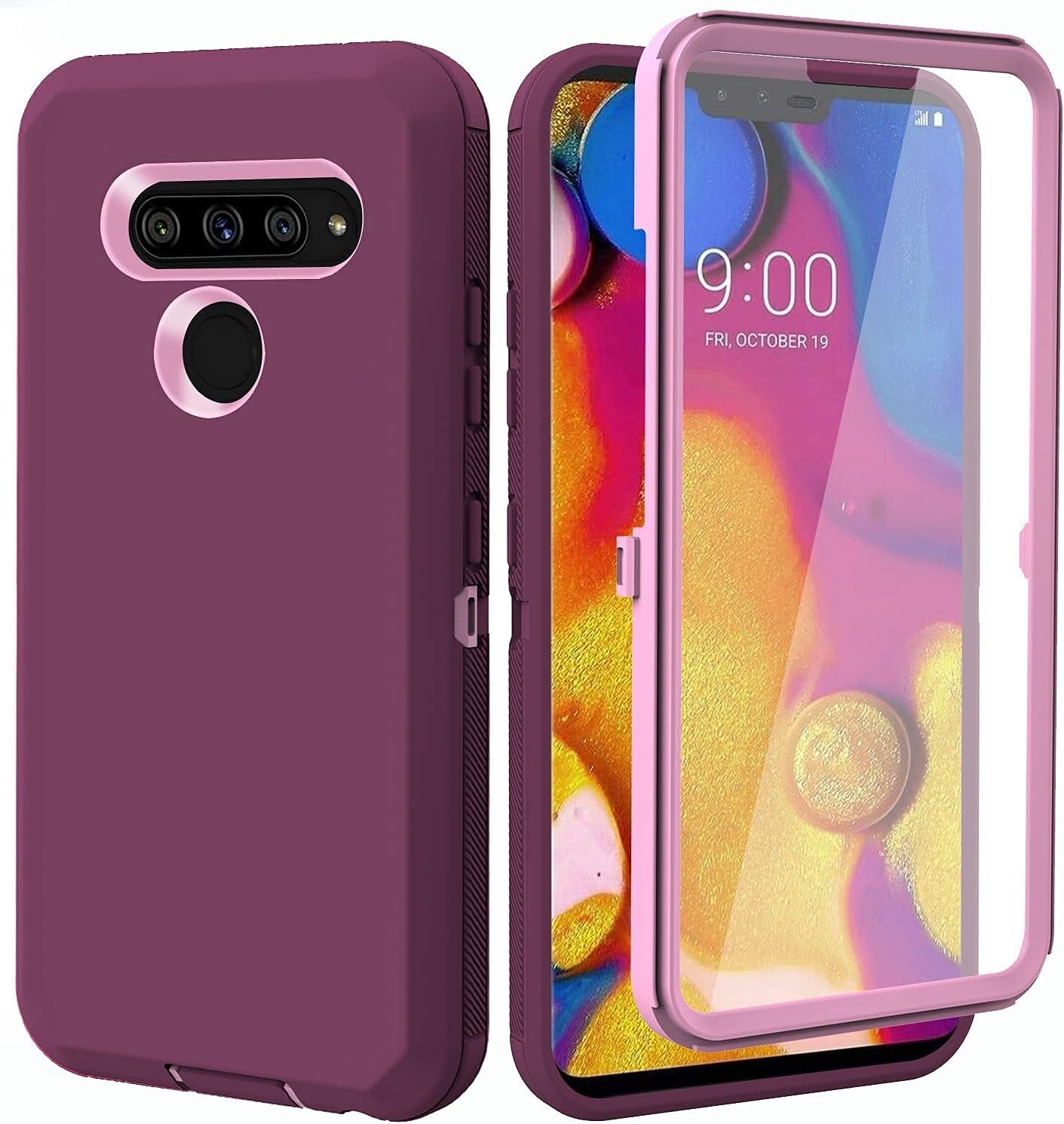 Annymall for LG V40 Case, LG V40 Thinq Case, with Built in Screen Protector Full Body Rugged 3 in 1 Bumper Heavy Duty Shockproof Drop/Dust-Proof Protective Phone Case Cover for LG V40 (Wine/Pink)  Annymall   