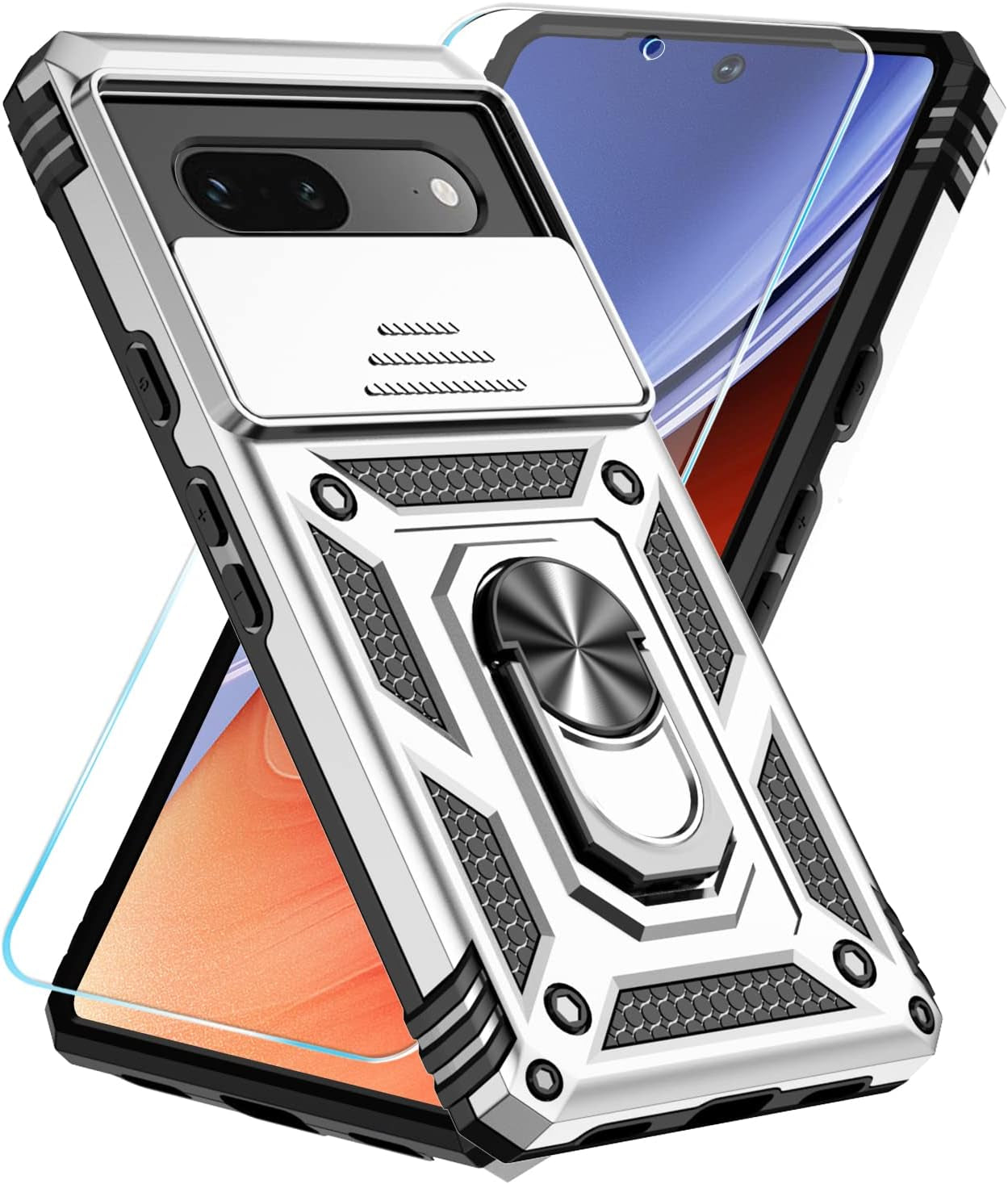 Sunstory for Google Pixel 7A Case with Tempered Glass Screen Protector & Slide Camera Cover & Kickstand, [Not for Pixel 7/7 Pro Phone], Google 7A Case [Military Grade] Case for Pixel 7A (Red)  SunStory Silver  