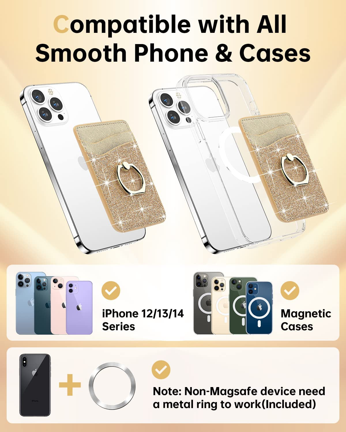 Gospire Magnetic Phone Wallet, Leather Cell Phone Card Holder, Magsafe Wallet with Ring & [Credit Card RFID Blocking] 360°Rotation Phone Stand Compatible with All Smartphones with 2 Metal Rings, Gold  Gospire   