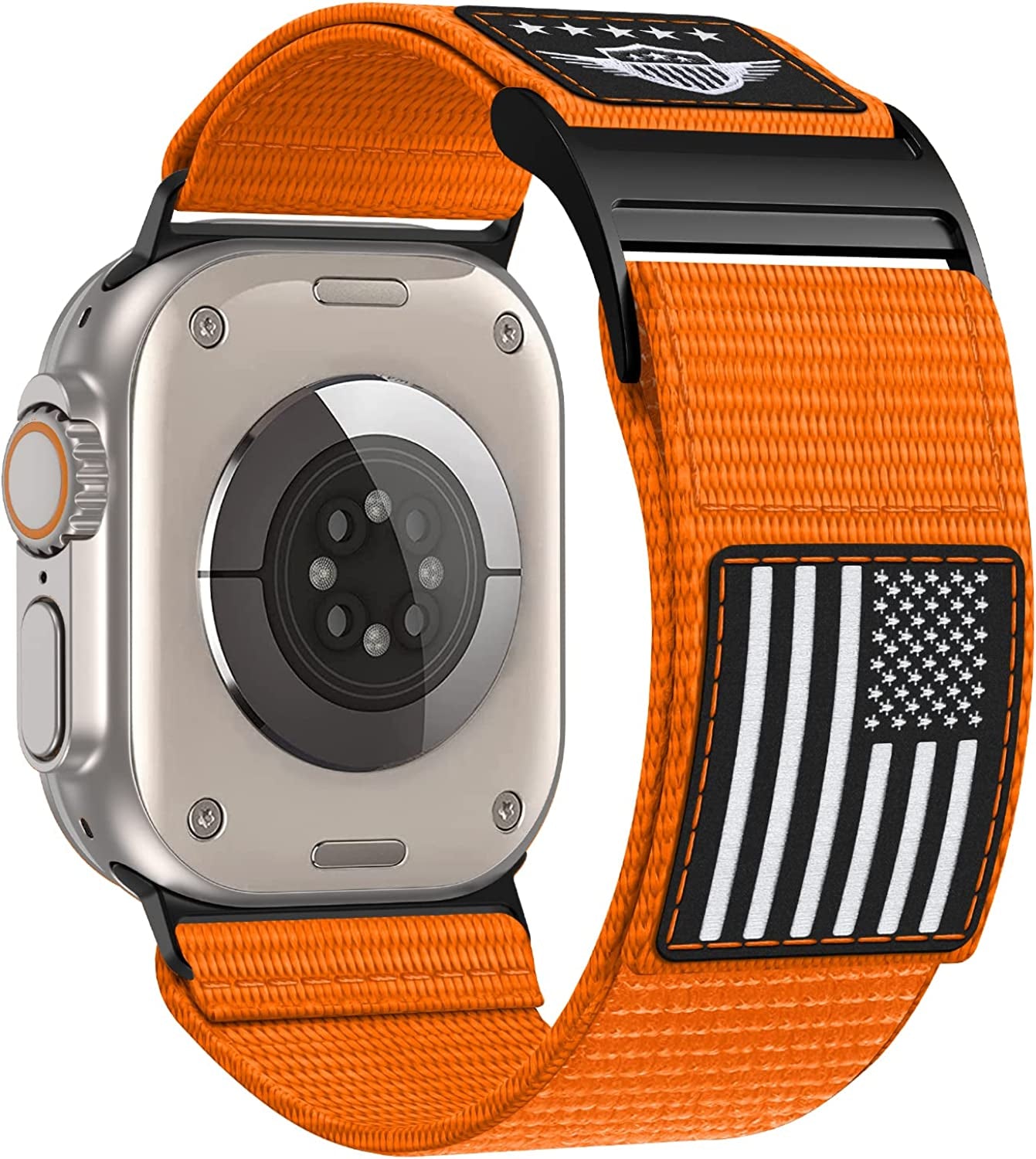 Rugged Nylon Band Compatible with Apple Watch Ultra Band 49Mm 45Mm 44Mm 42Mm,Soft Sport Loop Adjustable Wristbands Replacement Strap for Apple Watch Band Iwatch Ultra Series 8/7/SE/6/5/4/3/2/1  Hehighti USA Flag-Orange 49/45/44/42mm 
