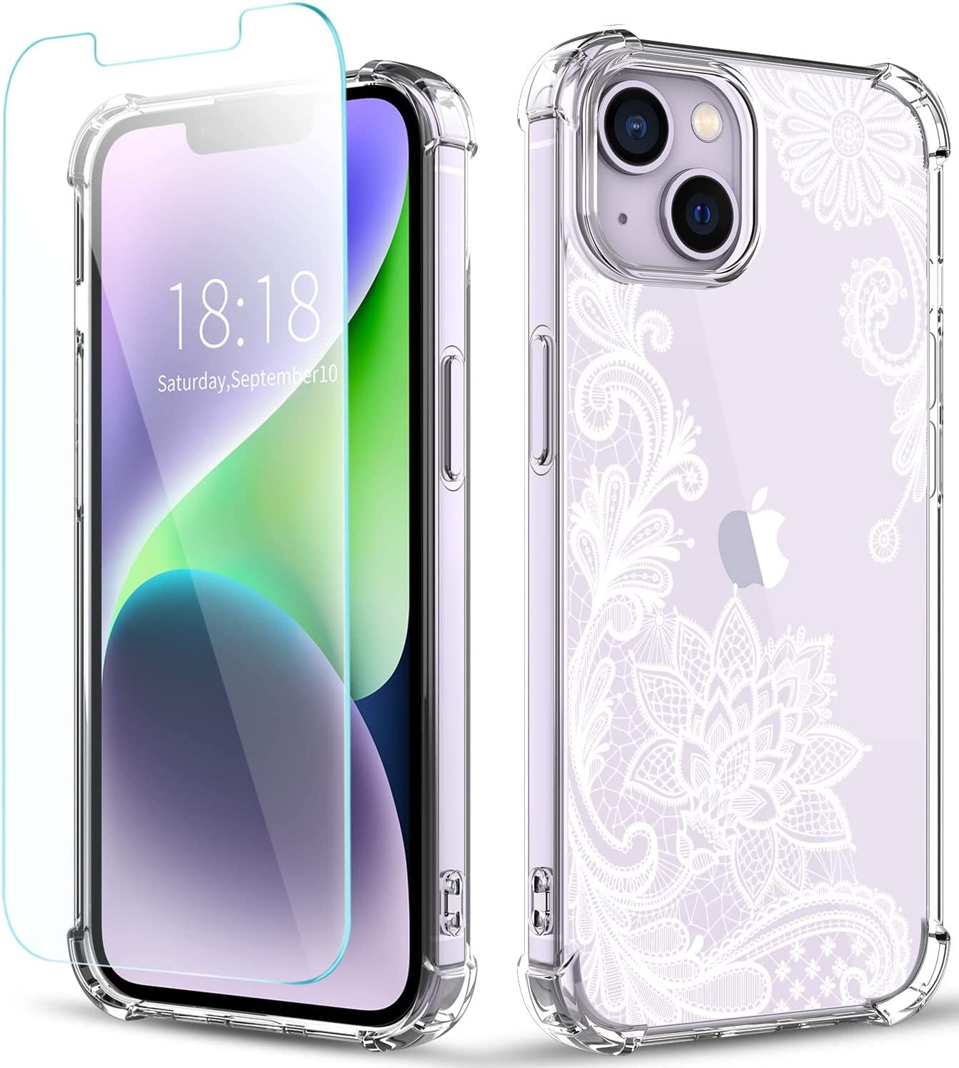 YOYORI Compatible with Iphone 14 Case with Screen Protector, Flower Pattern Design, Floral Clear Women Phone Case Shockproof Protective Soft TPU Bumper Cover 6.1 Inch 2022(Lavender/Purple)  YOYORI Lace/White  