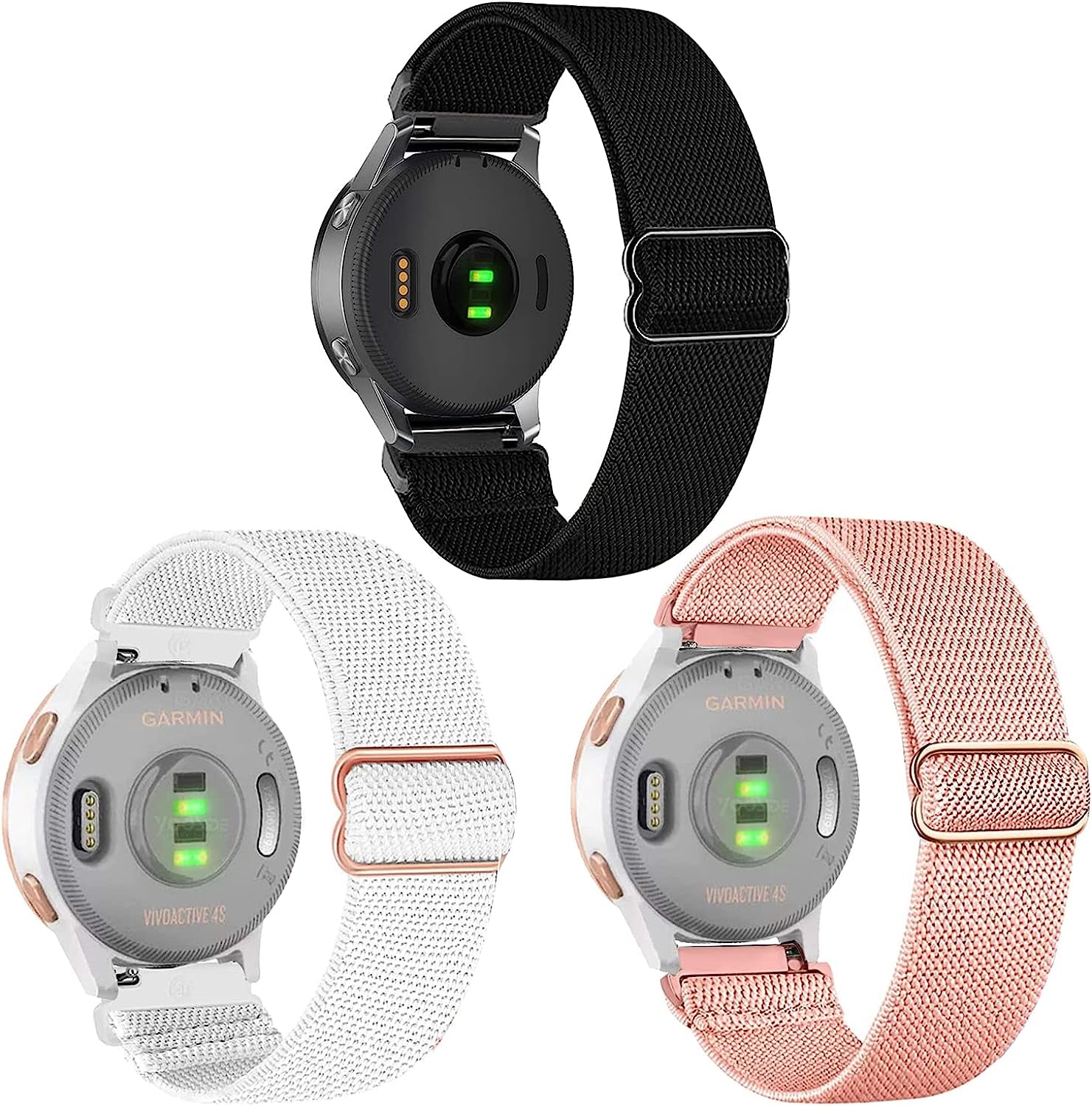 Krudary Elastic Bands Compatible with 18Mm Garmin Vivoactive 4S / Vivomove 3S/ Venu 2S , Soft Stretch Nylon Loop Bracelet Watch Strap Replacement Watchband for Garmin Forerunner 255S/255S Music  Krudary 3 Pack (Black + Pink + White)  