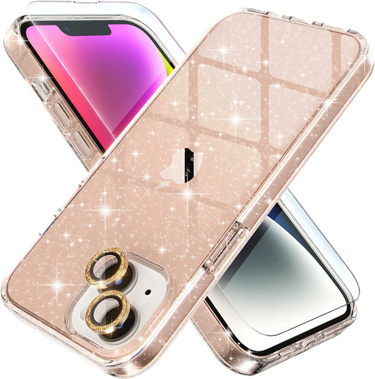Choiche Compatible for Iphone 14 Case Cute, Women Clear Glitter Bling Sparkly Case, [2 X Diamond Camera Lens Protectors] [2 X Tempered Glass Screen Protectors] 6.1-Inch (Glitter Gold)  Choiche Glitter Gold iPhone 14 